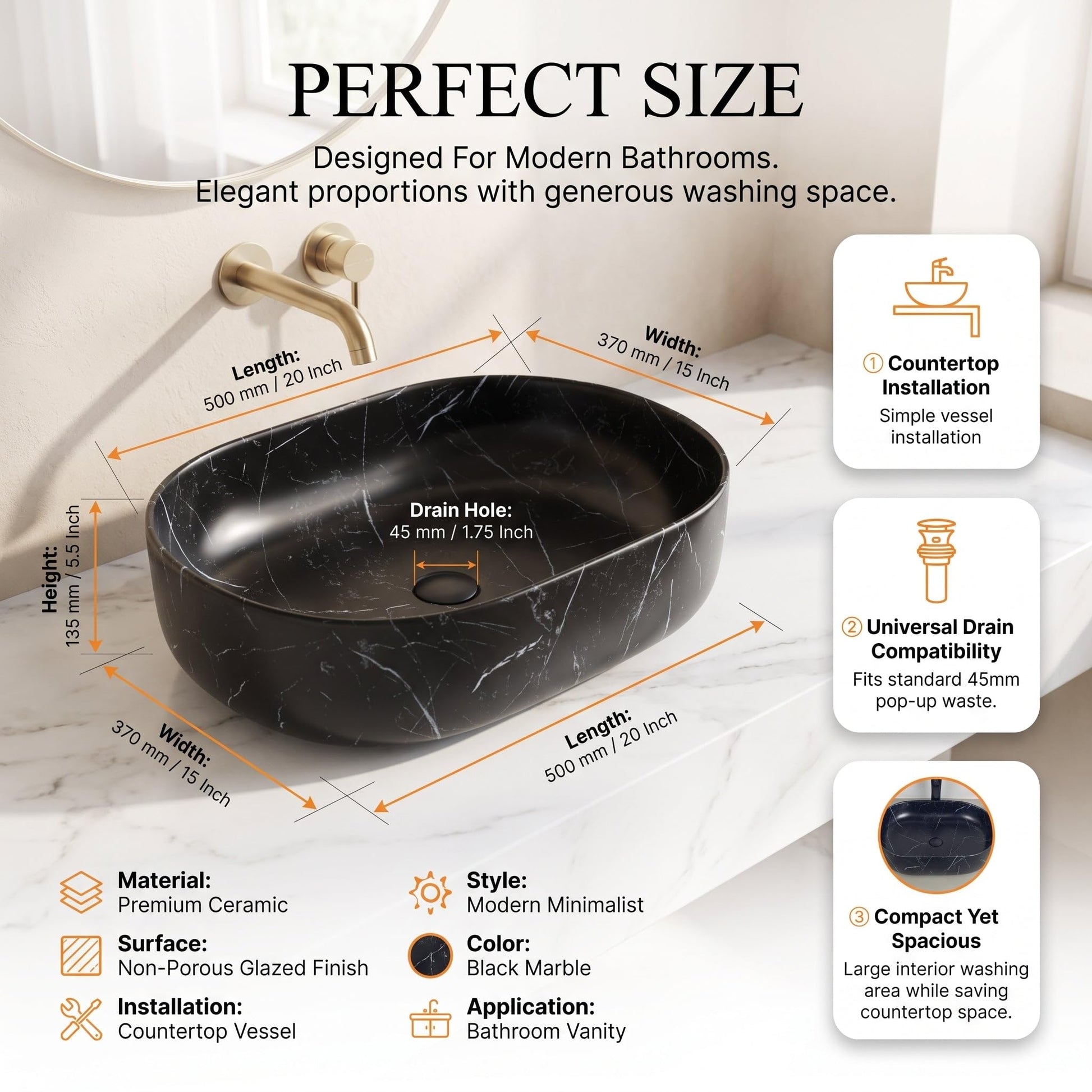Black Oval Ceramic vessel bathroom sink, additional product view 3