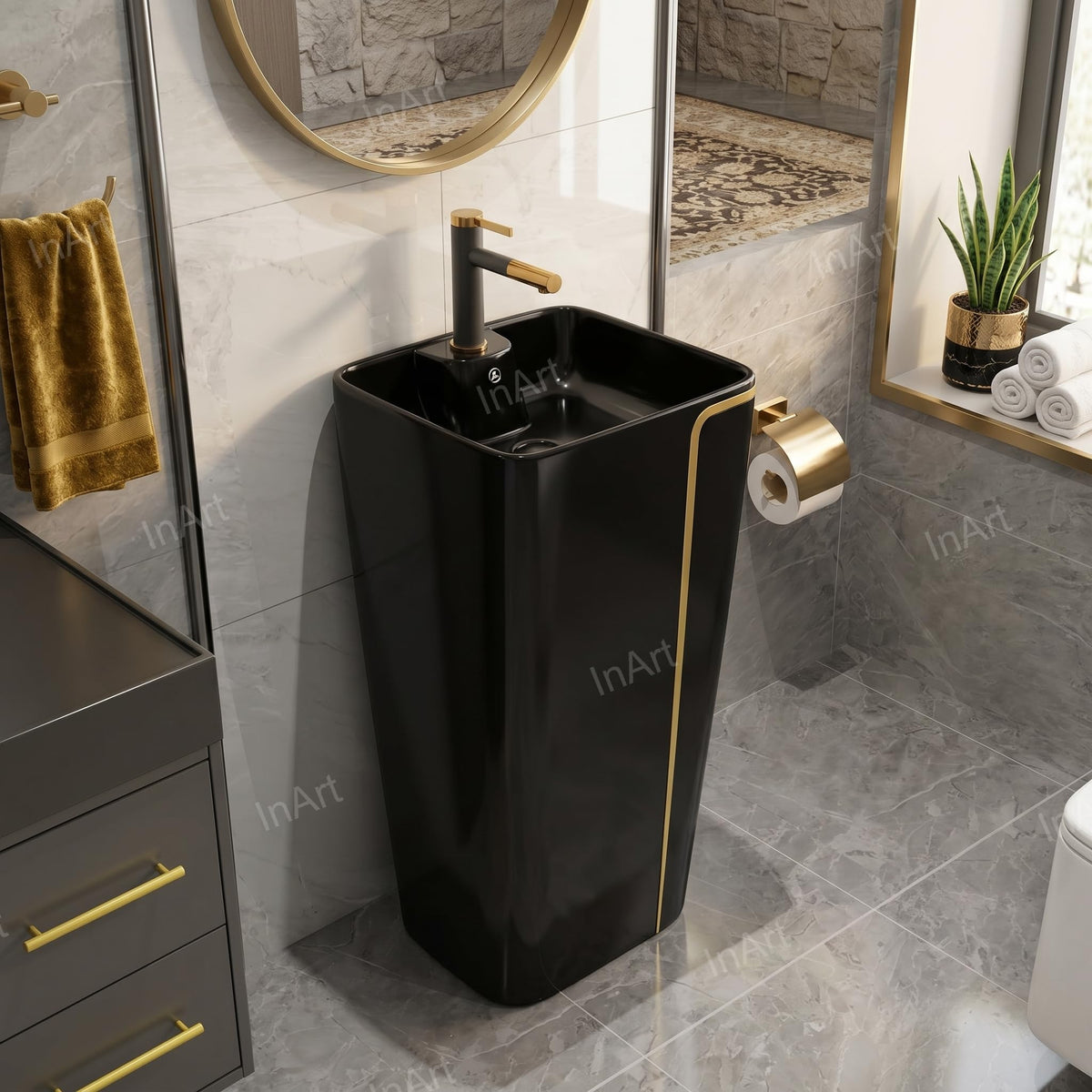 InArt Basin Pedestal Sink - Standing Bathroom Sink Black Glossy 43x36 CM, additional product view 2