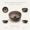 Round ceramic vessel sink shown from top, front, side, and angled views