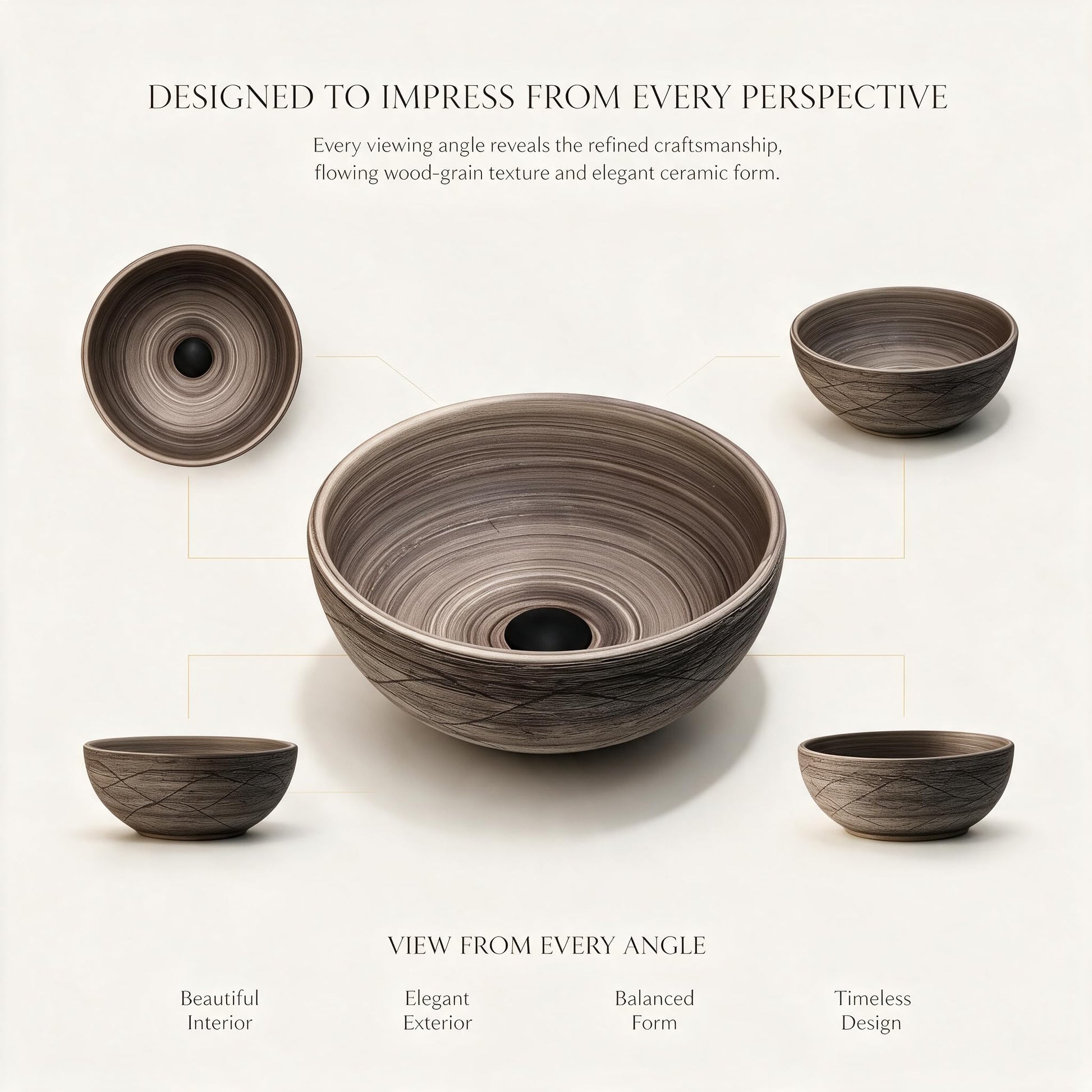 Round ceramic vessel sink shown from top, front, side, and angled views