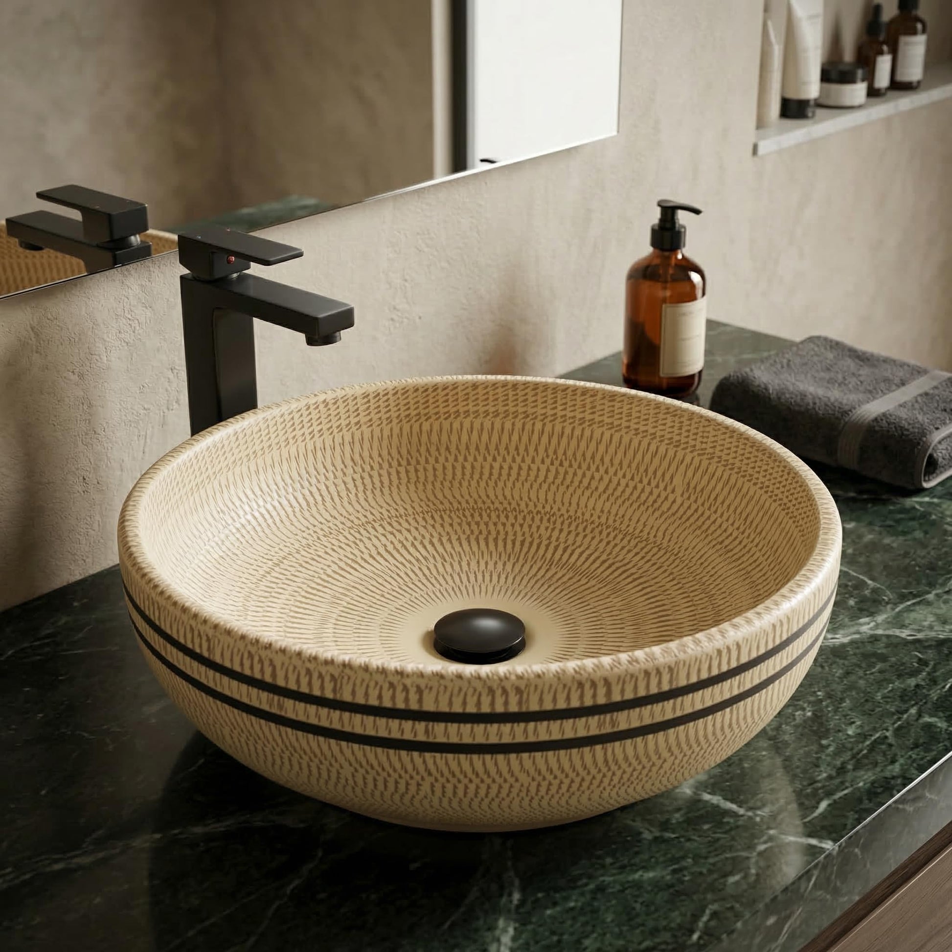 InArt Vessel Sinks for Bathroom 15.75" – Ceramic, Beige Satin, Textured Pattern