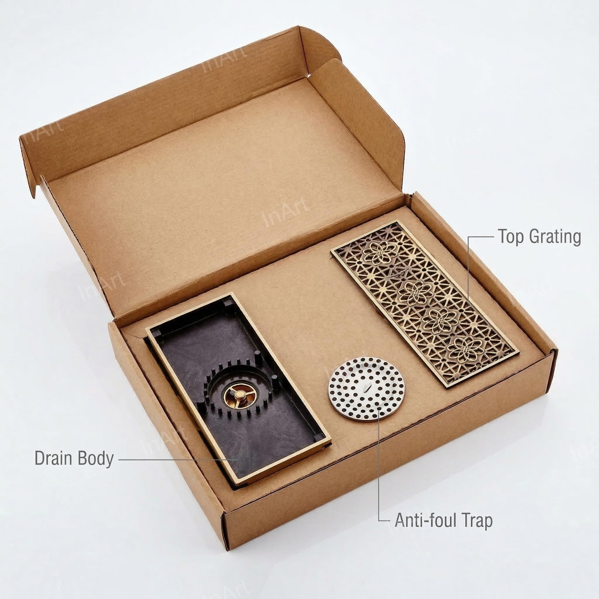 InArt 12 x 4 Inch Square Brass Shower Drain with Removable Strainer Grate, additional product view 8