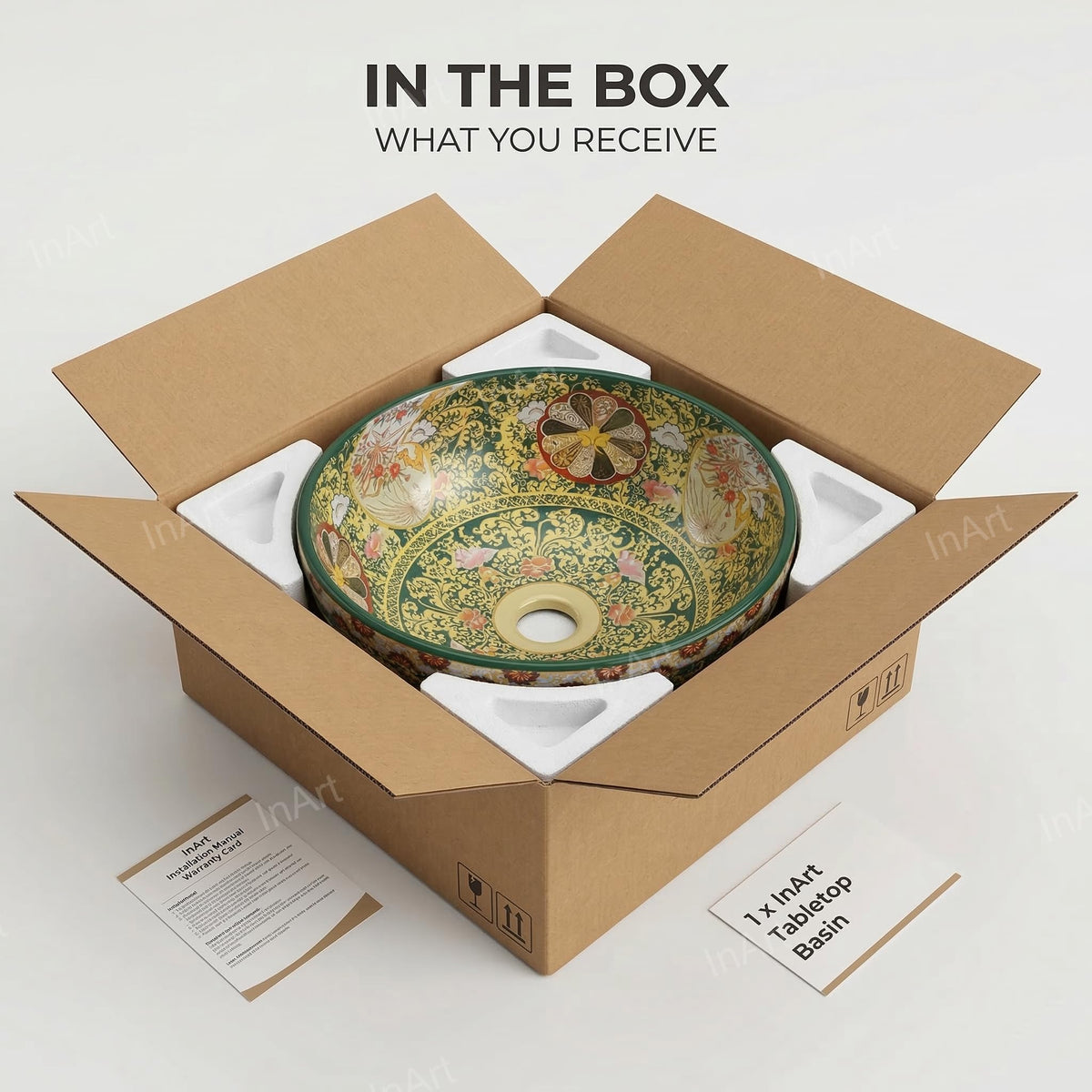 InArt Vessel Sinks for Bathrooms 16.5" – Ceramic, Glossy Green, Patterned Glaze, additional product view 8