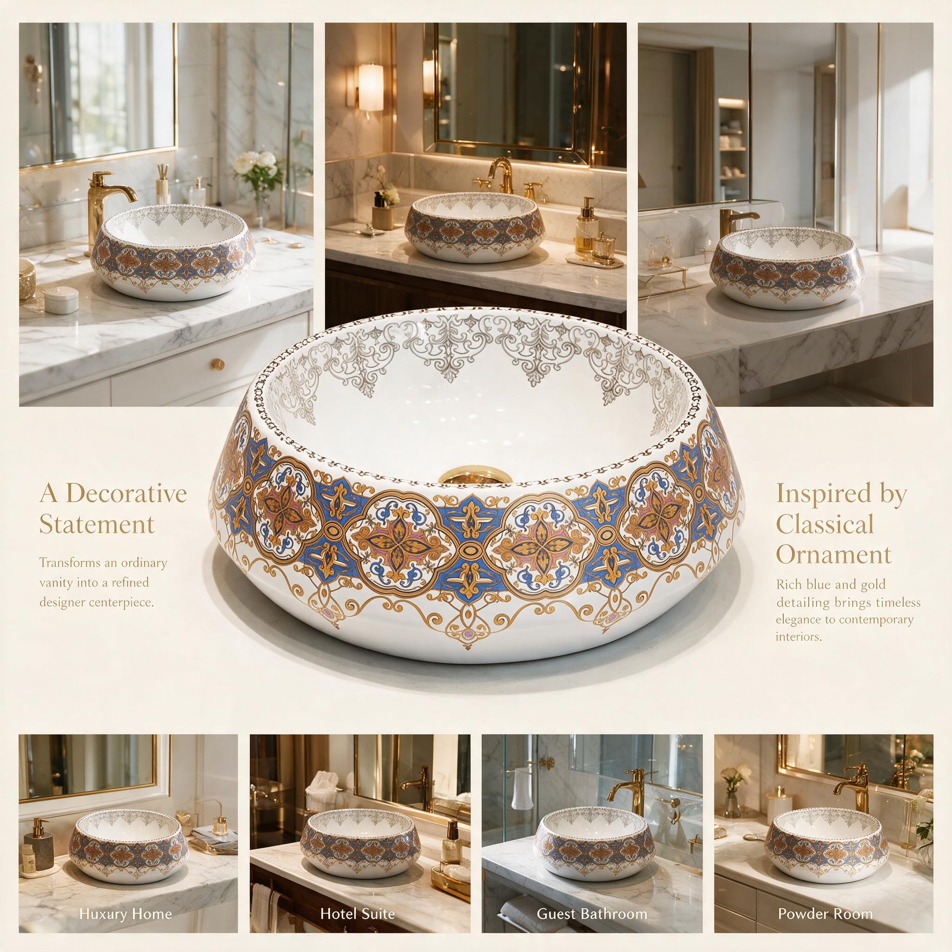 White, Royal Blue and Gold Round Ceramic vessel bathroom sink, additional product view 6