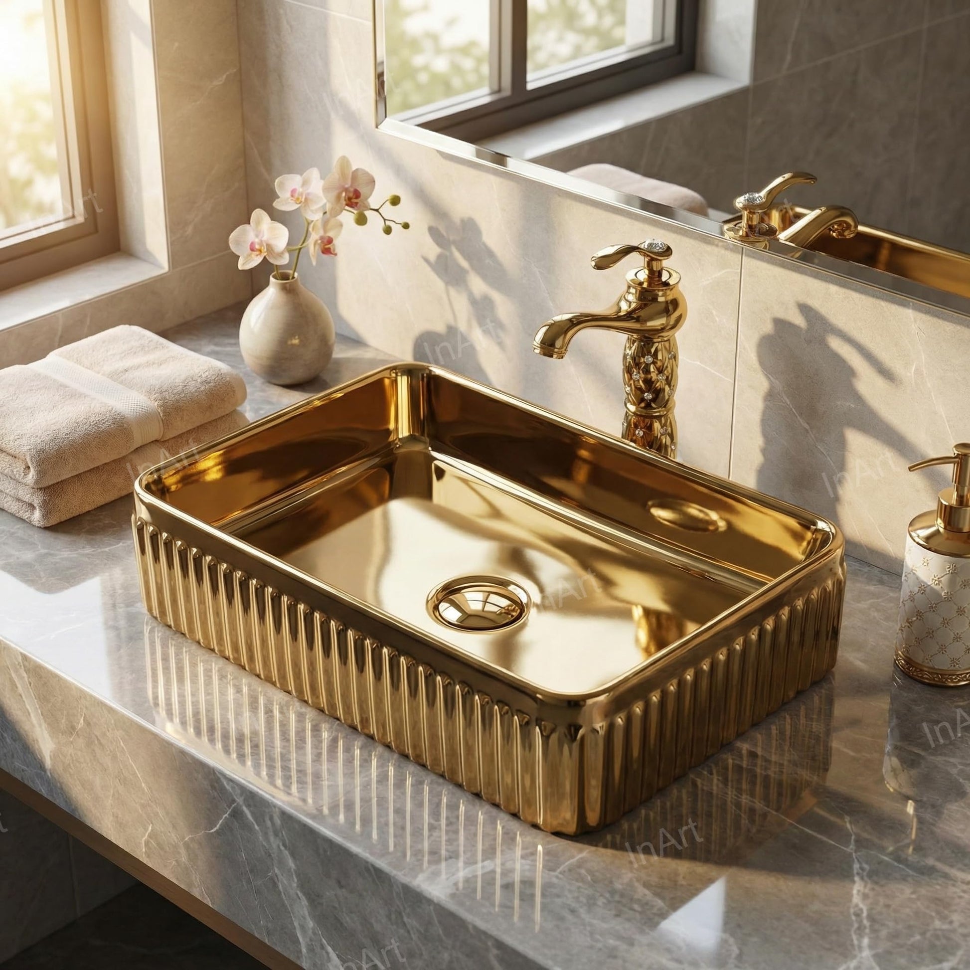 Close-up of rose gold glazed ceramic wash basin, rectangular vessel sink rim and smooth finish detail