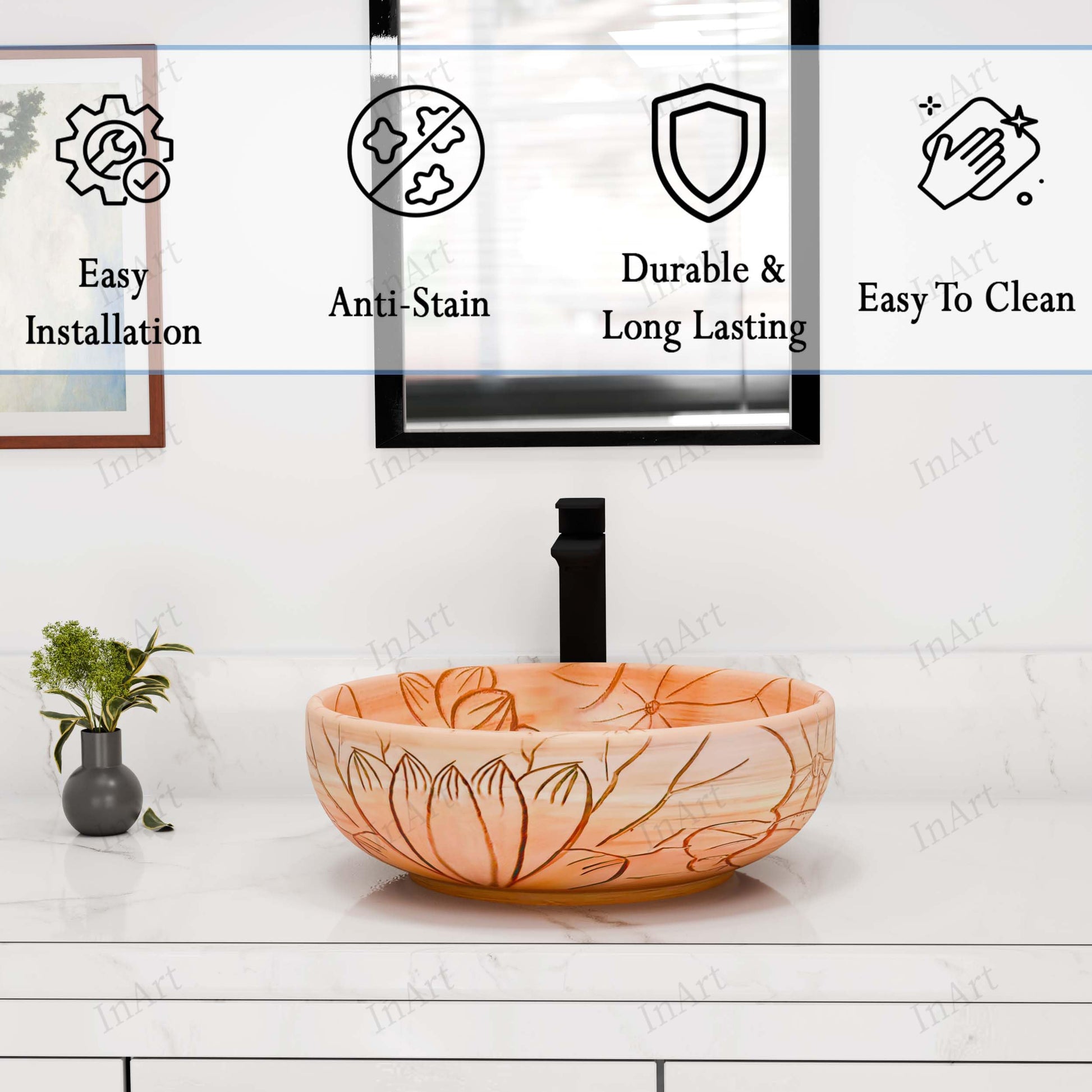 InArt Vessel Sinks for Bathroom – 15.75" Ceramic Round, Peach Beige Floral Line Art, additional product view 5