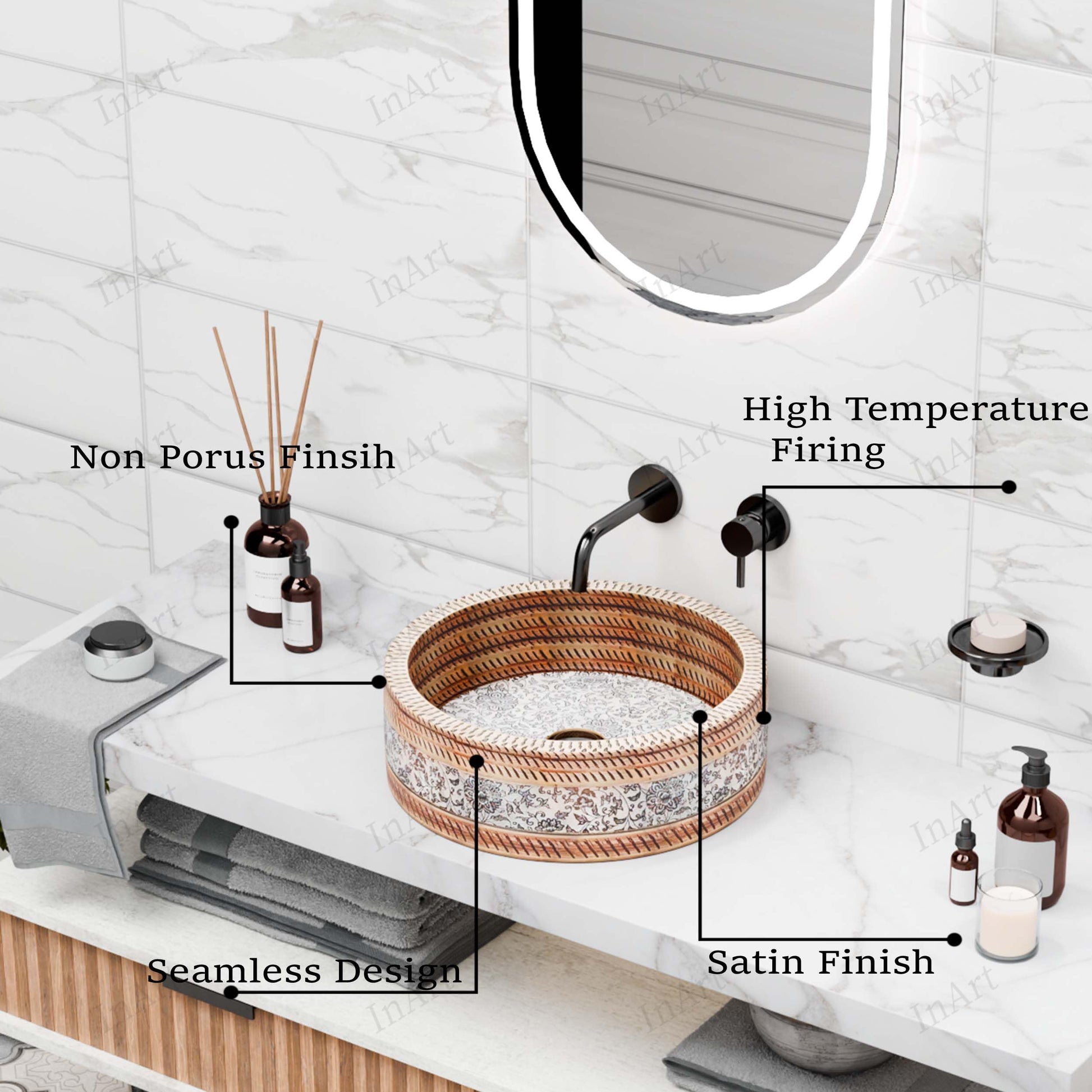 InArt Satin Patterned Ceramic Round Vessel Sink – Above Counter, 16" Moroccan Floral, additional product view 6