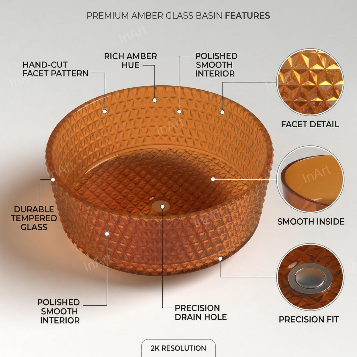 InArt Amber Orange Glass Vessel Sink for Countertop Bathroom Vanities, 15.6 Inch, additional product view 3