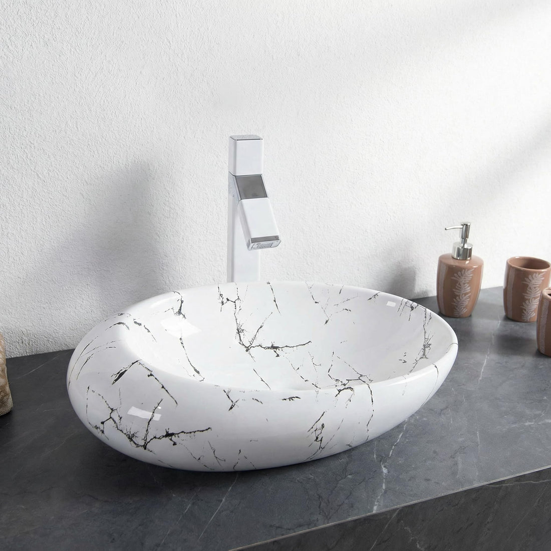 Vessel sinks InArt Satvario rectangular ceramic vessel sink 20x12 white gray marble glossy countertop basin