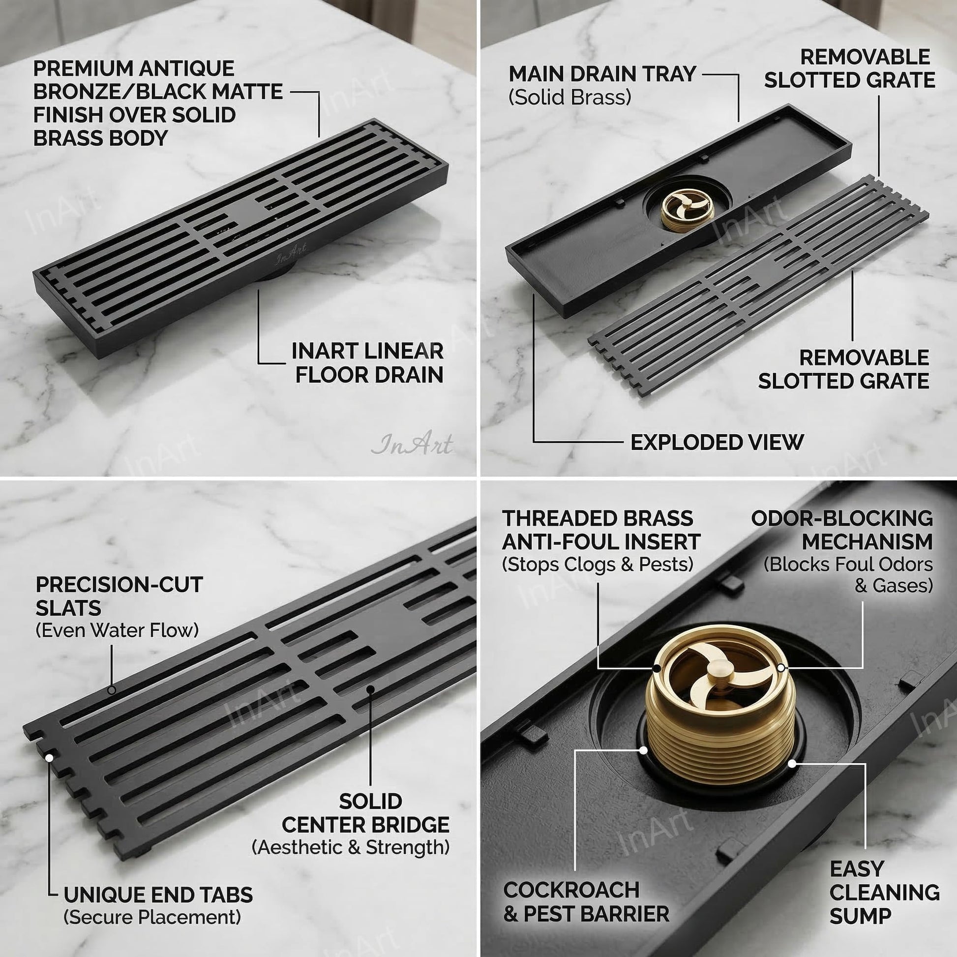 InArt Matte Black Linear Brass Bathroom Floor Drain with Grate, 12 x 4 Inch, additional product view 3