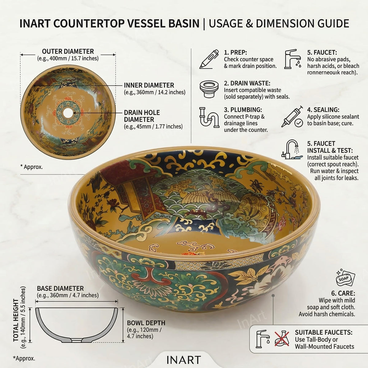 InArt Glossy Multicolor Ceramic Round Vessel Sink – Moroccan Pattern, 16.5", additional product view 6