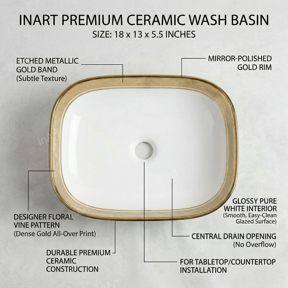 Ceramic vessel sink InArt tabletop oval wash basin in glossy white with gold rim