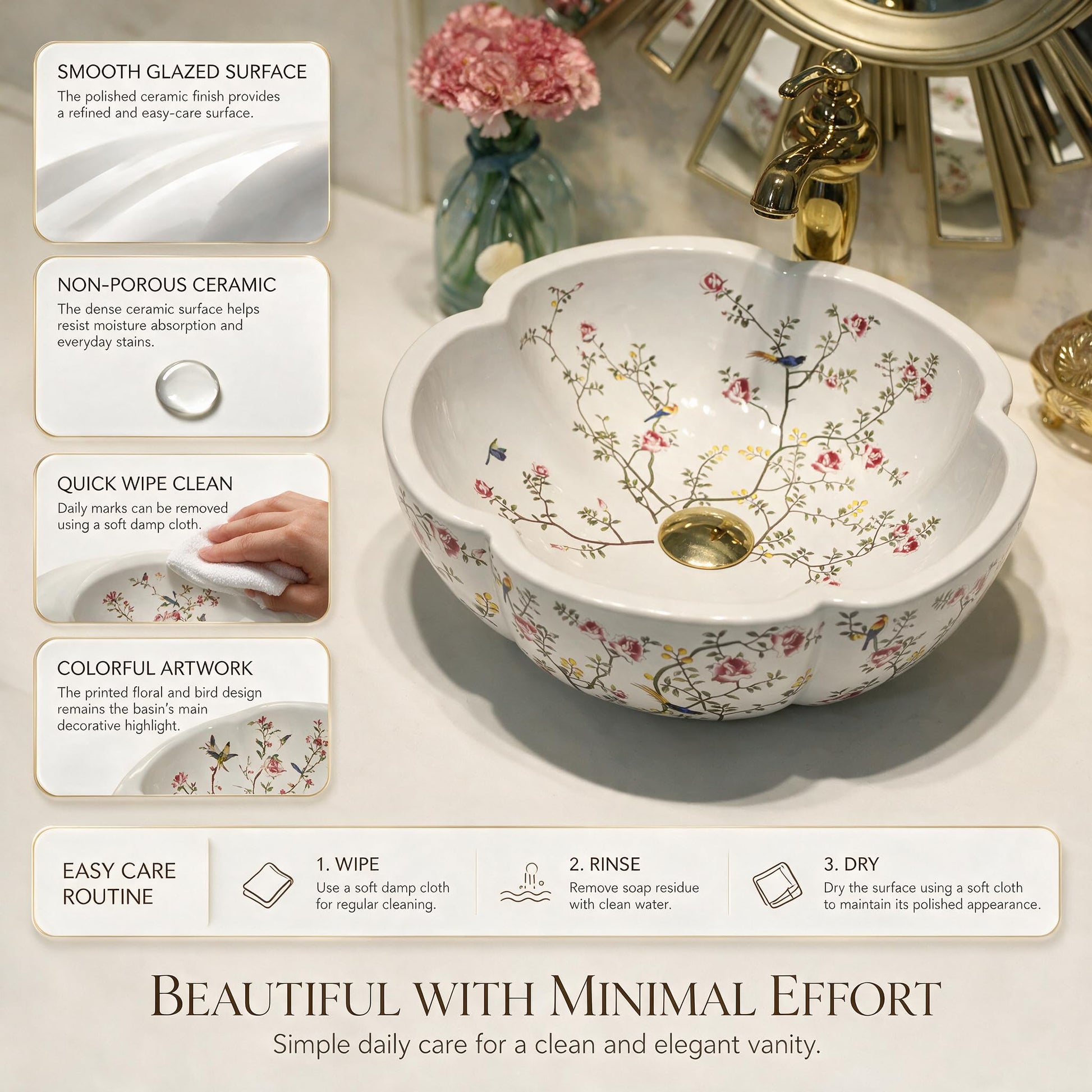 White and Multicolor Flower-Shaped Round Ceramic vessel bathroom sink, additional product view 3