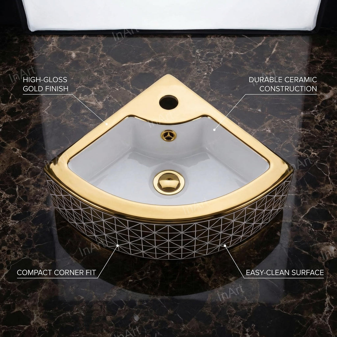 InArt Ceramic Corner Wall Hanging /Wall Mount/Counter Top Wash Basin Bathroom Sink For Lavatory Golden White Color 33 x 33 x 13 Cm