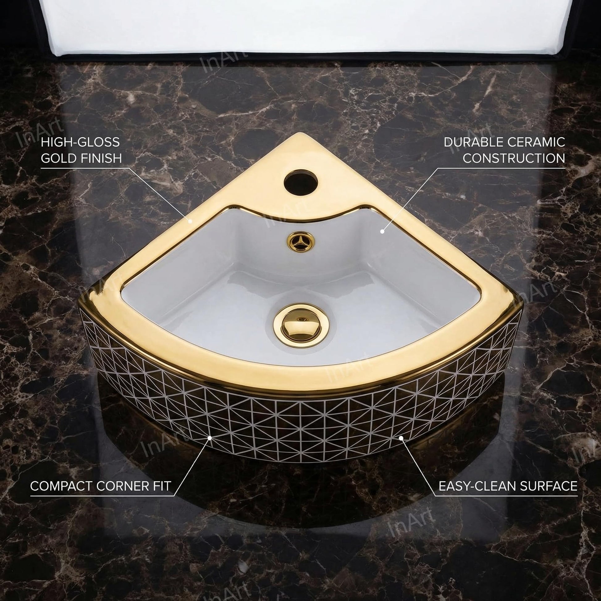 InArt Ceramic Corner Wall Hanging /Wall Mount/Counter Top Wash Basin Bathroom Sink For Lavatory Golden White Color 33 x 33 x 13 Cm, additional product view 2