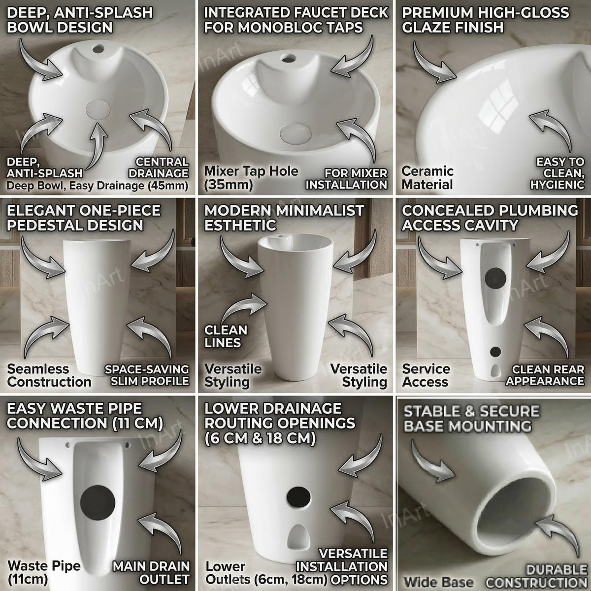 InArt Basin Pedestal Sink - Standing Bathroom Sink White 38x38 CM, additional product view 3