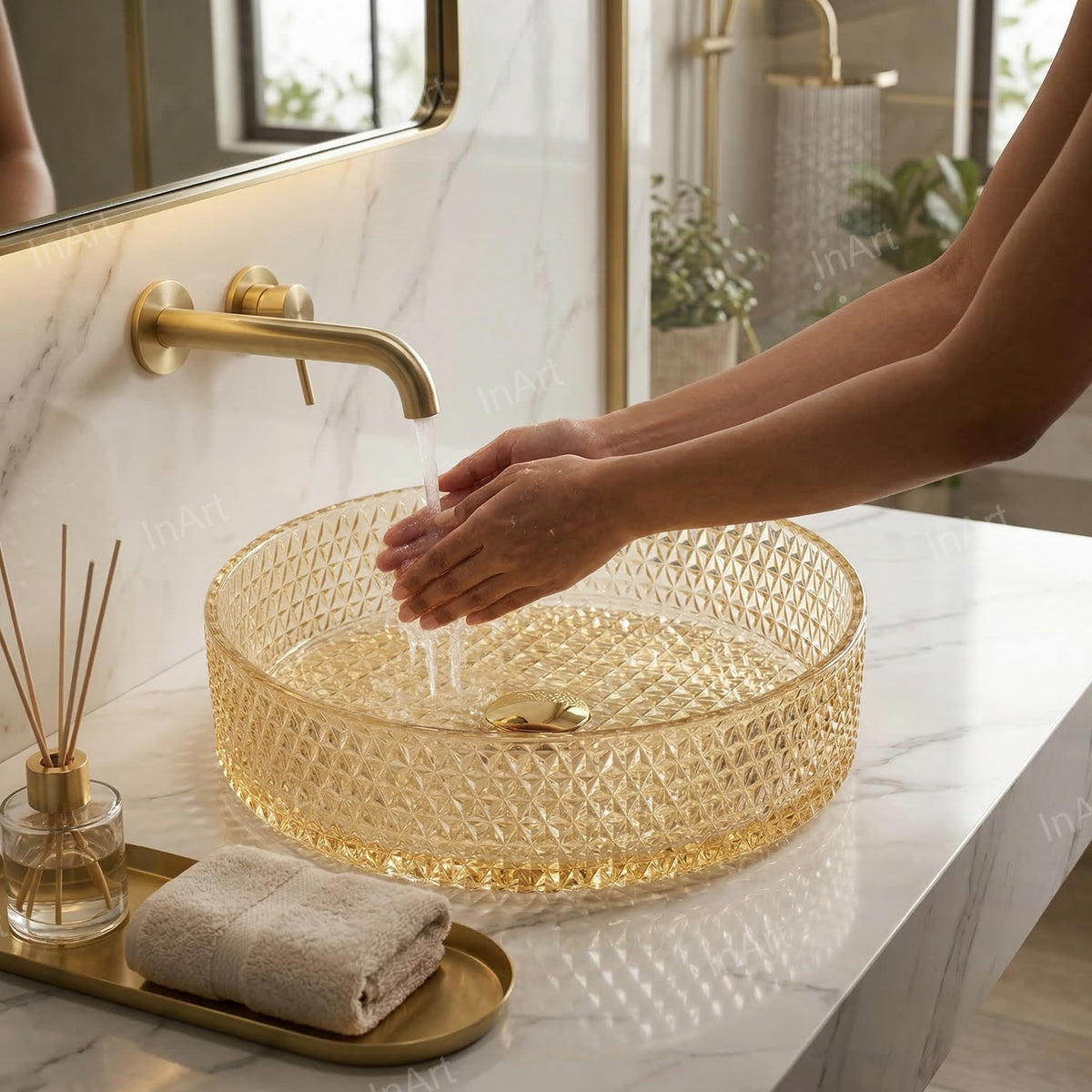 InArt Amber Tempered Glass Round Vessel Sink – Diamond Texture, 15.6" Above-Counter, additional product view 4