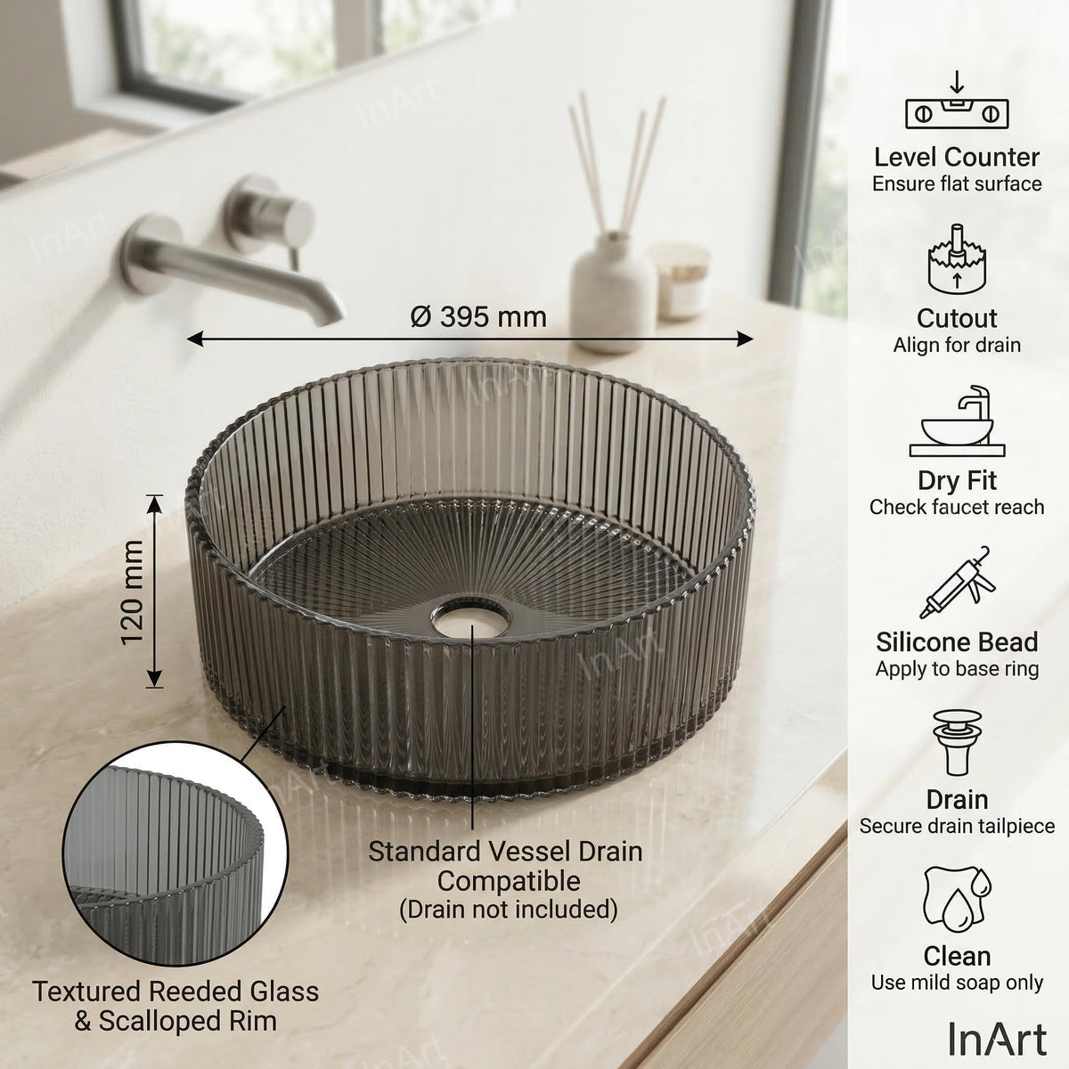InArt Tempered Glass Vessel Sink for Countertop Bathroom Vanities, 15.6 Inch, additional product view 6