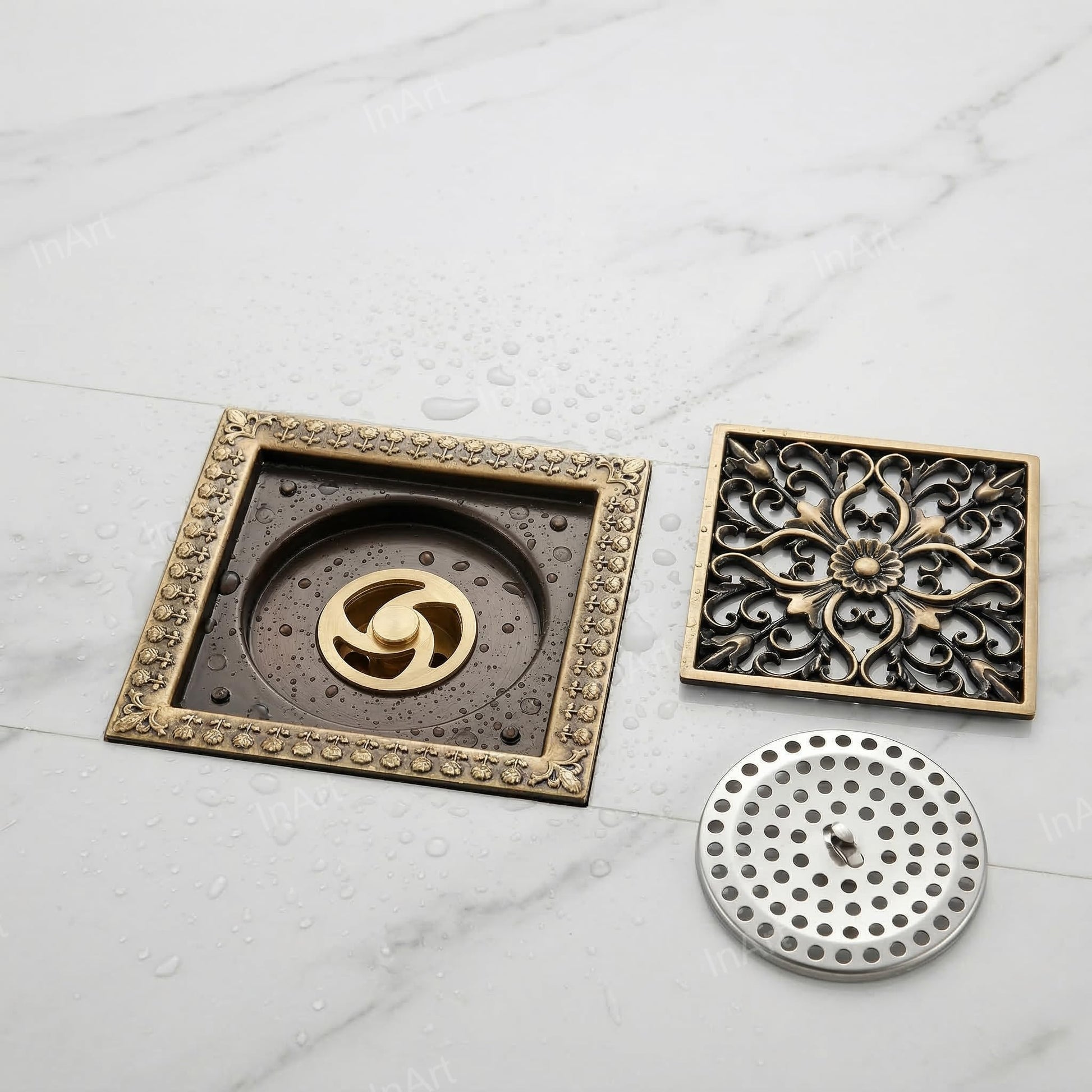 InArt 12 x 4 Inch Square Brass Shower Drain Channel with Removable Grate, additional product view 8