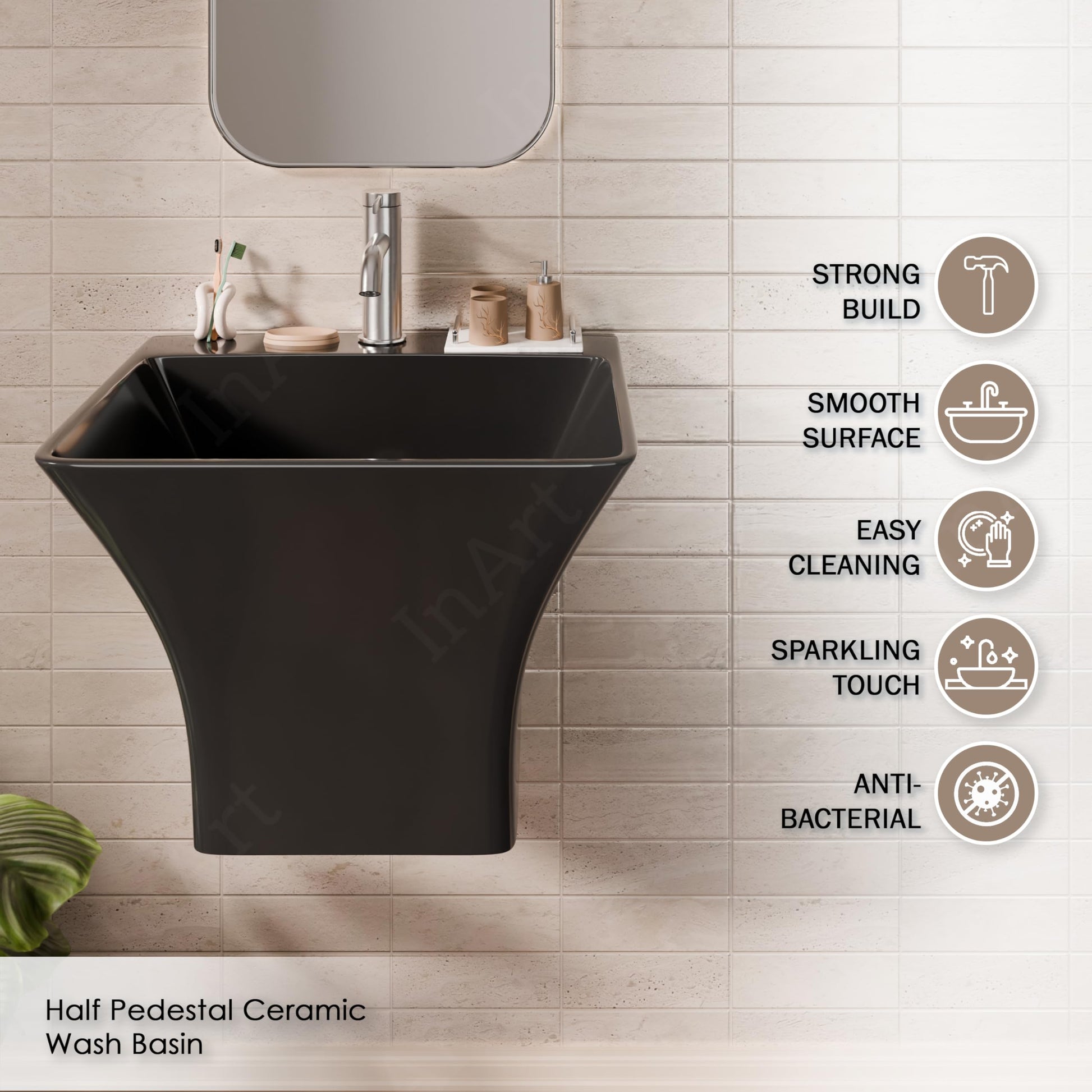 Black ceramic wall-mounted sink with integrated shroud concealing plumbing, geometric flared sides angled view