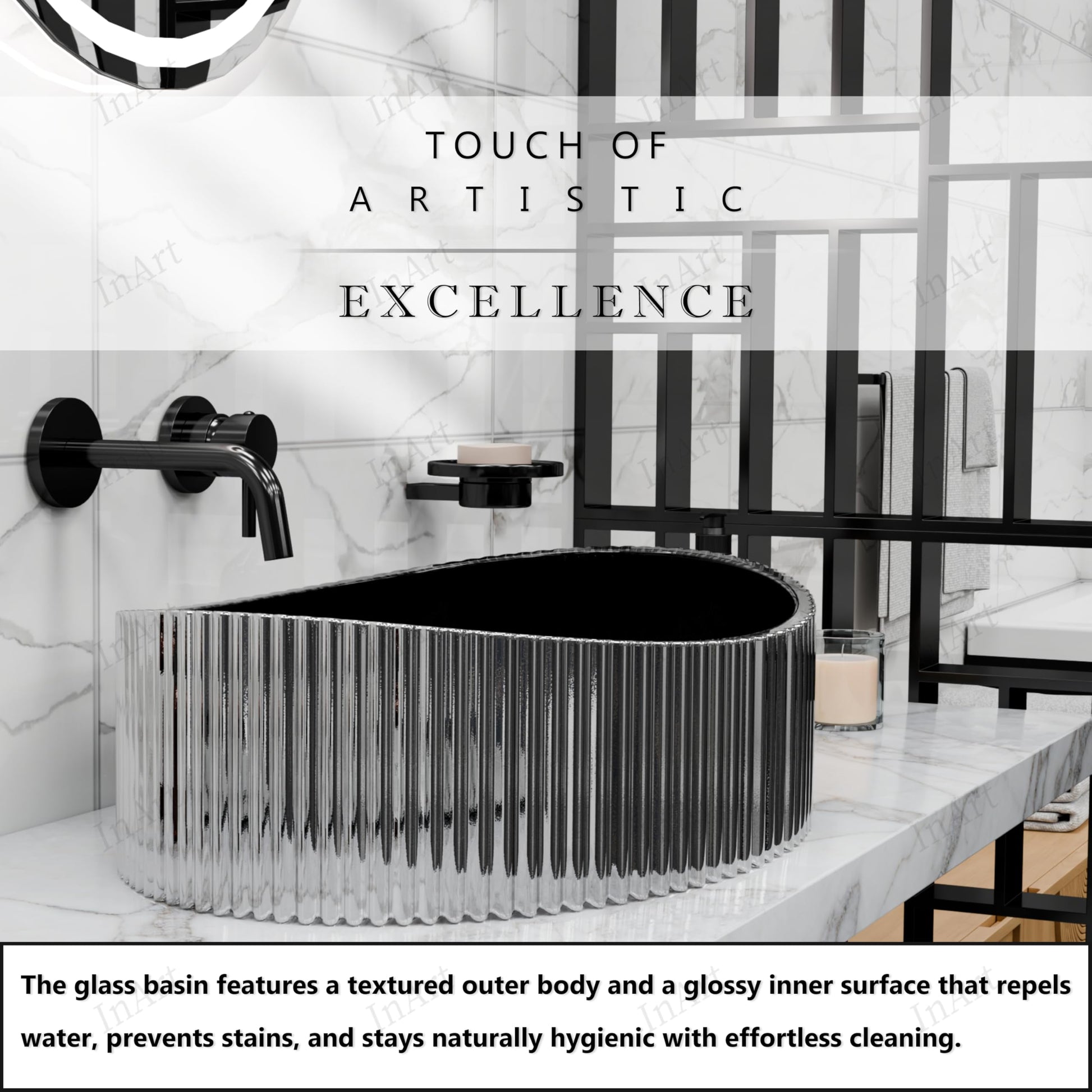 InArt Smoked Tempered Glass Oval Vessel Sink – Ribbed Texture, 19.7"x14.6", additional product view 7