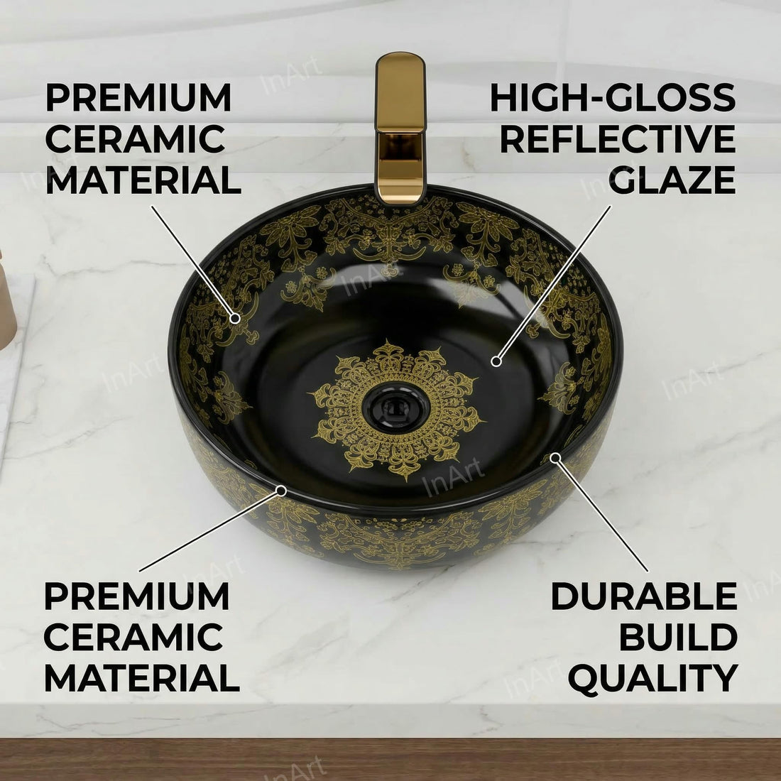 InArt Glossy Black Ceramic Round Vessel Sink – Above Counter, 16" Gold Pattern