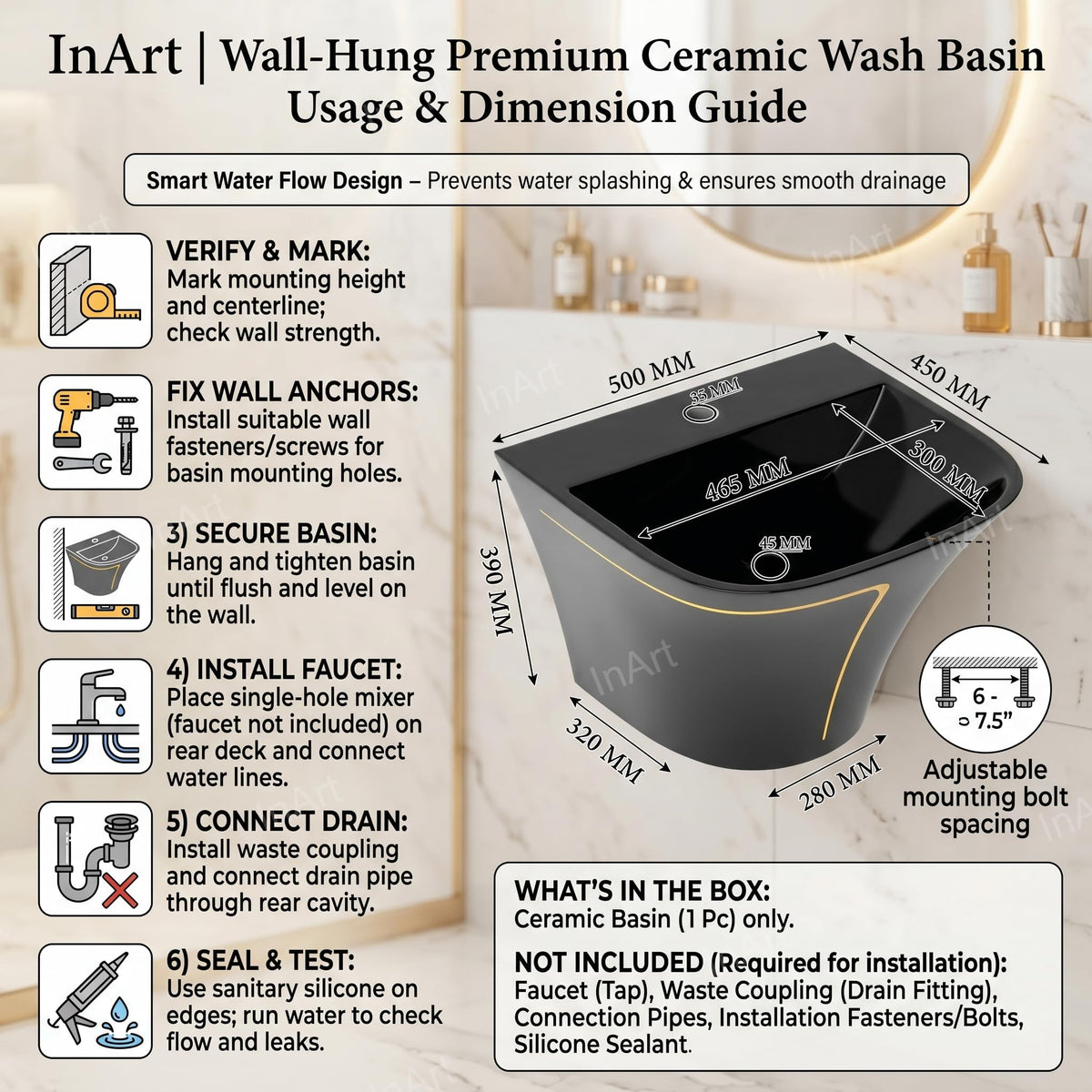 InArt Glossy Black Wall-Mounted Ceramic Bathroom Sink with Half Pedestal, 21.3 Inch, additional product view 6
