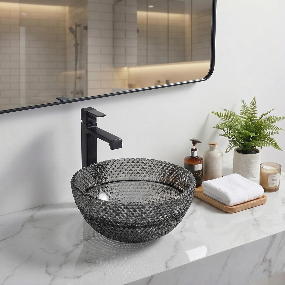 InArt Black Faceted Crystal Glass Vessel Sink for Countertop Bathrooms, 13.4 Inch