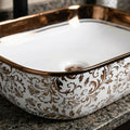 Rectangular ceramic vessel sink on vanity countertop for vessel sink, rose gold above counter basin styling