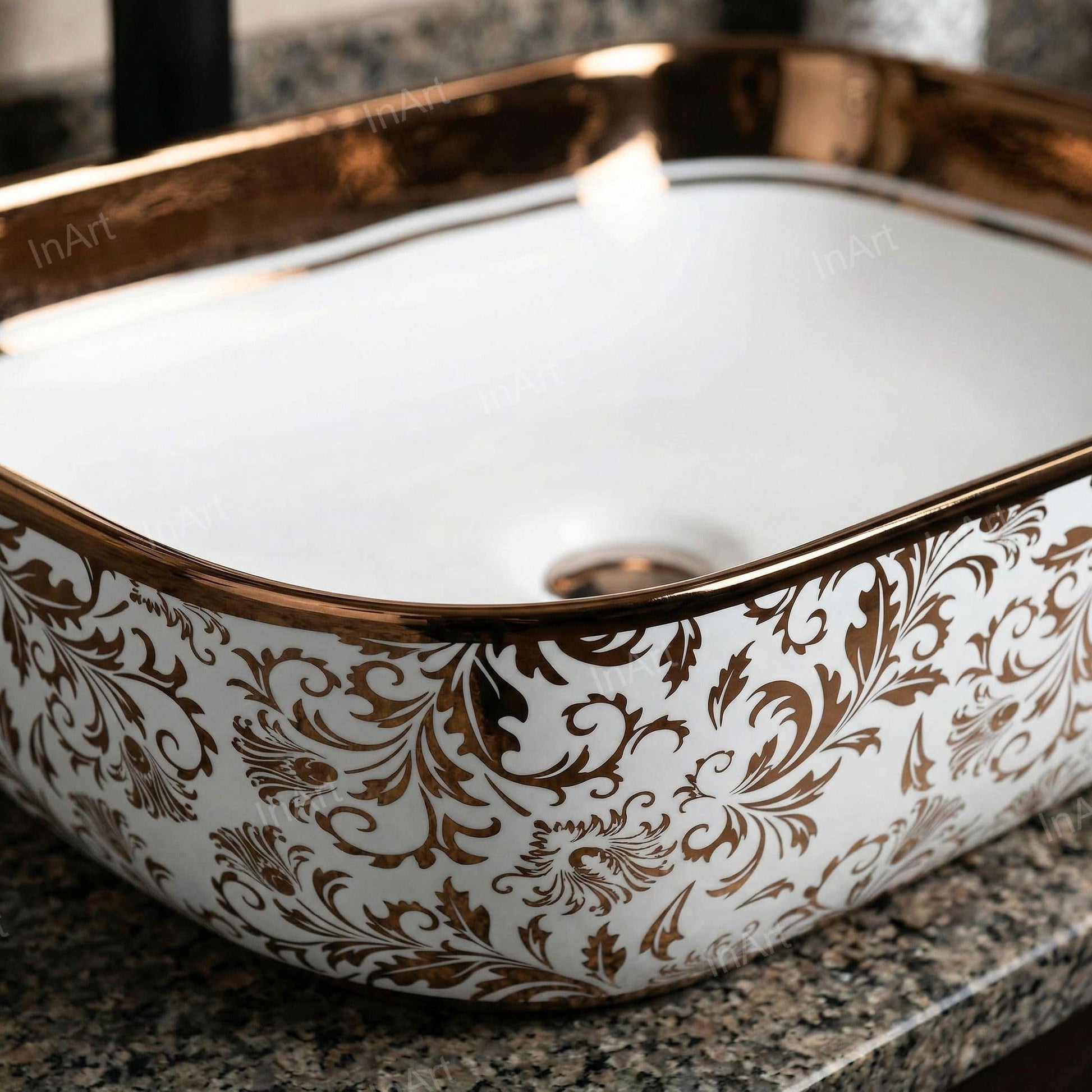 Rectangular ceramic vessel sink on vanity countertop for vessel sink, rose gold above counter basin styling