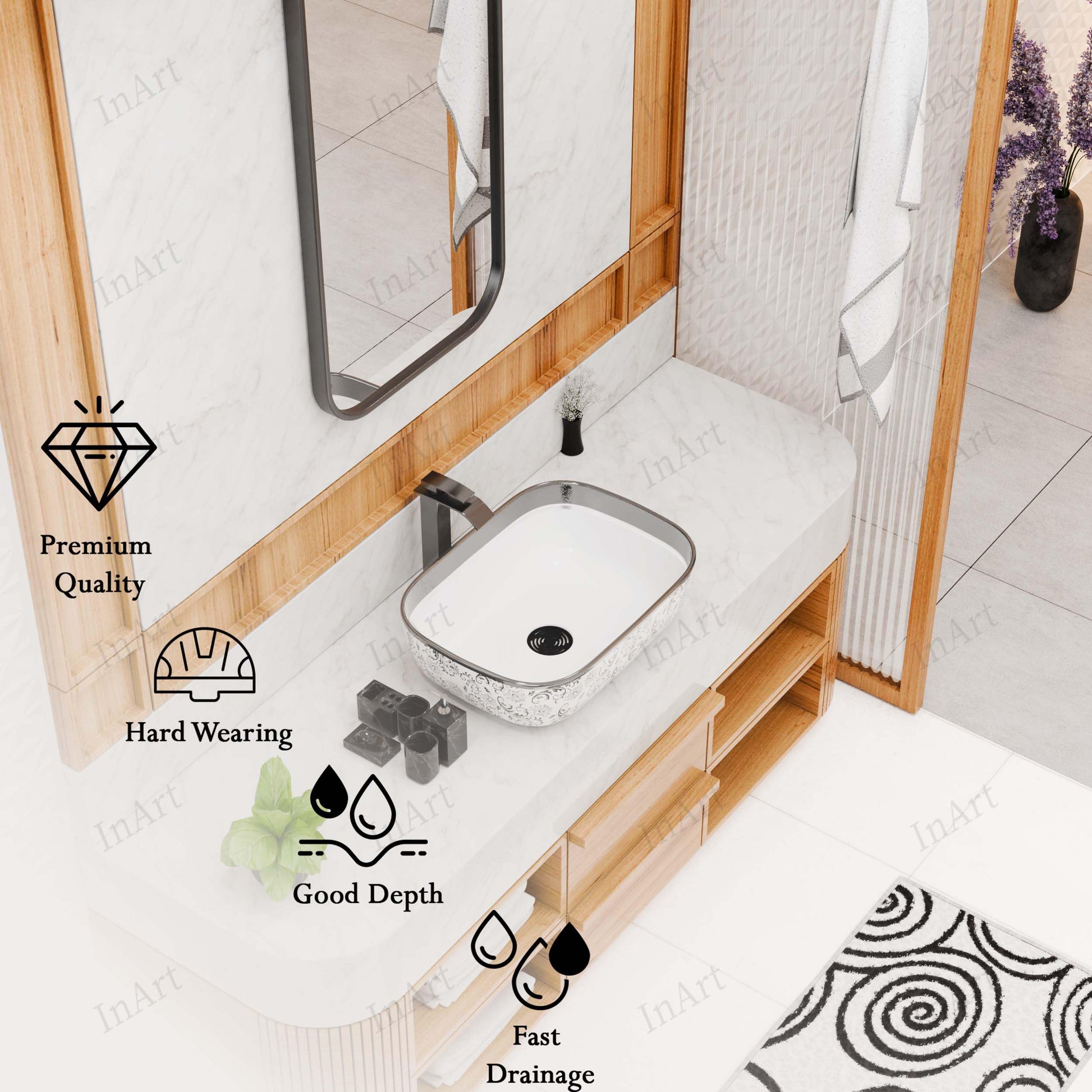 Table top bathroom sink on vanity, rectangular ceramic vessel basin in silver white for modern bath