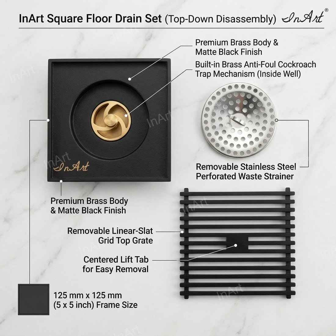 InArt Matte Black Linear Brass Shower Drain Channel with Side Outlet, 12 x 4 Inch