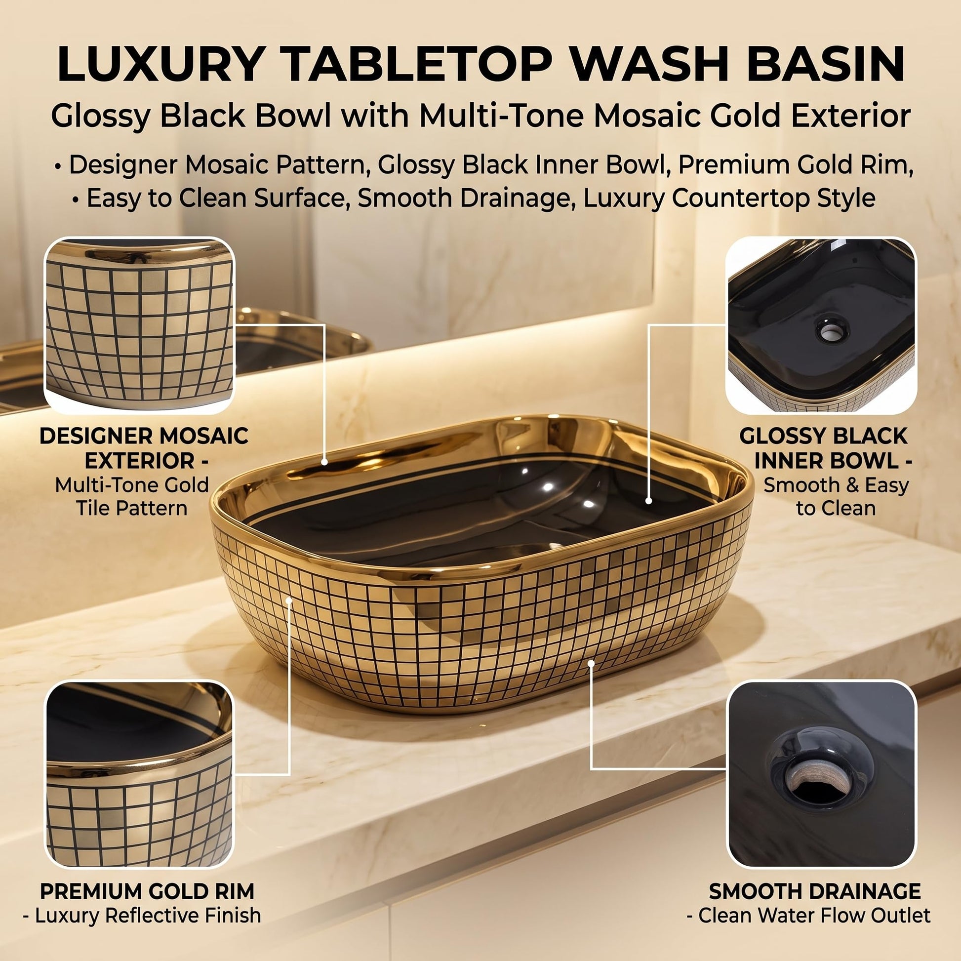 Black and Gold Rectangular Ceramic vessel bathroom sink, additional product view 4