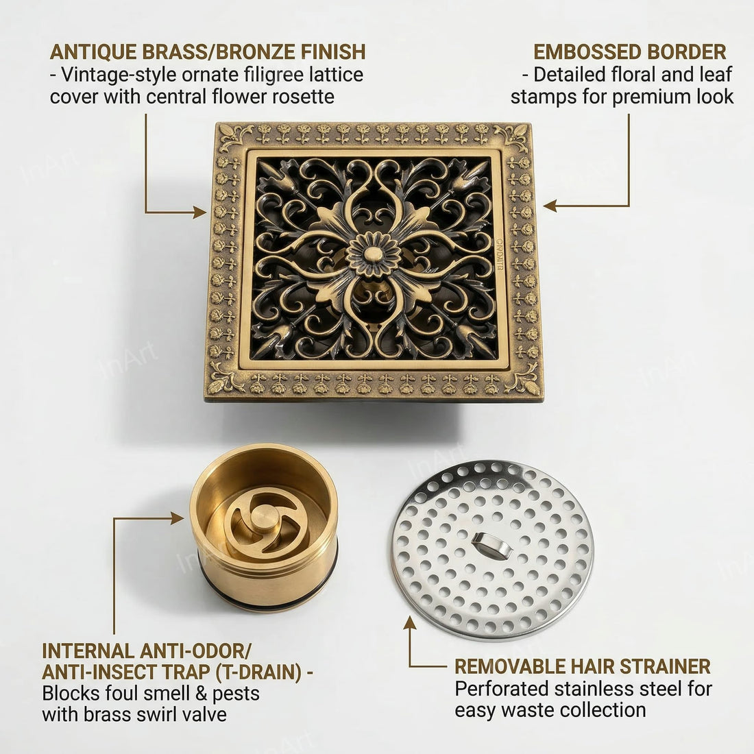 InArt 12 x 4 Inch Square Brass Shower Drain Channel with Removable Grate