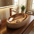 Rectangular vessel sink close-up of rose gold polished ceramic glaze, modern vessel sink style