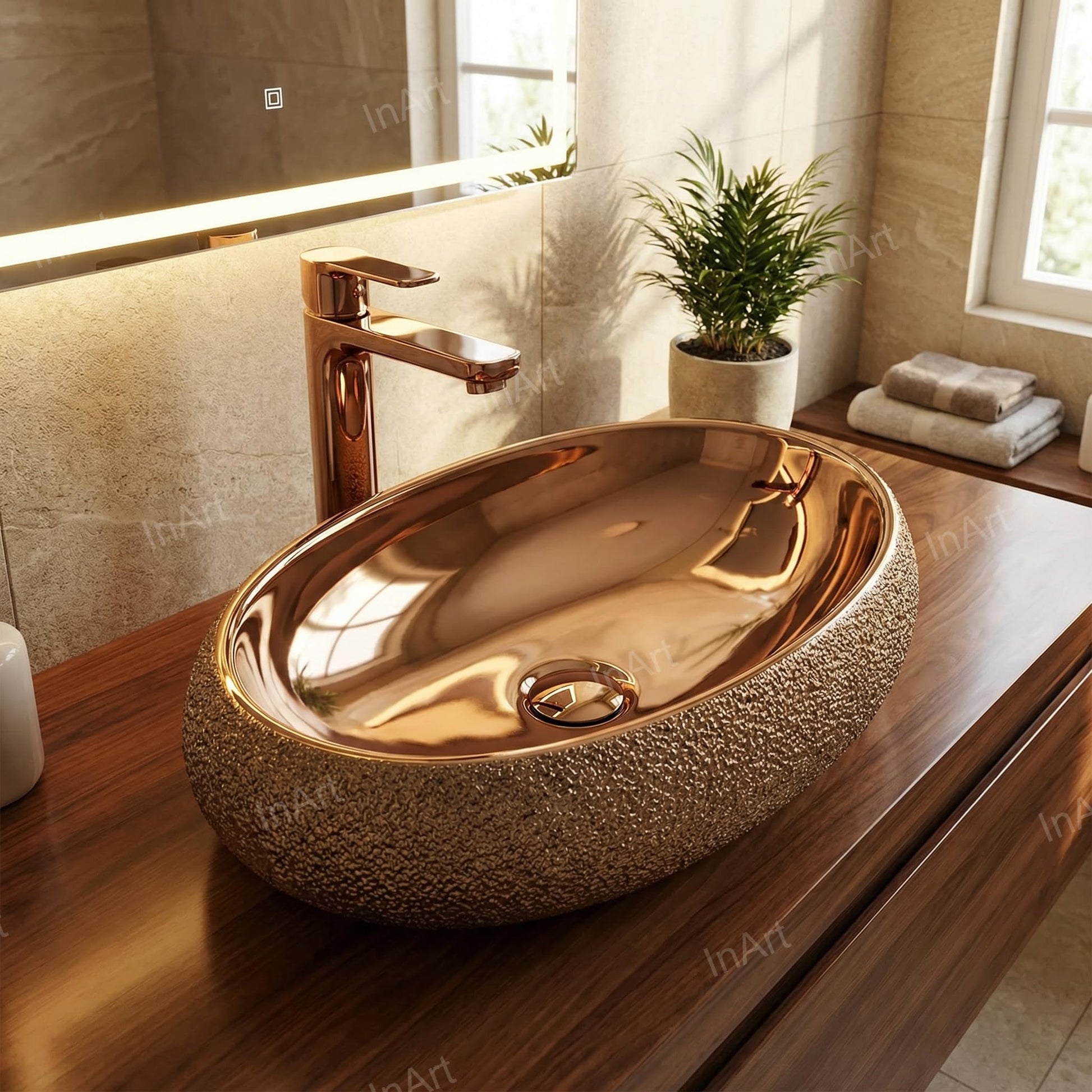 Rectangular vessel sink close-up of rose gold polished ceramic glaze, modern vessel sink style