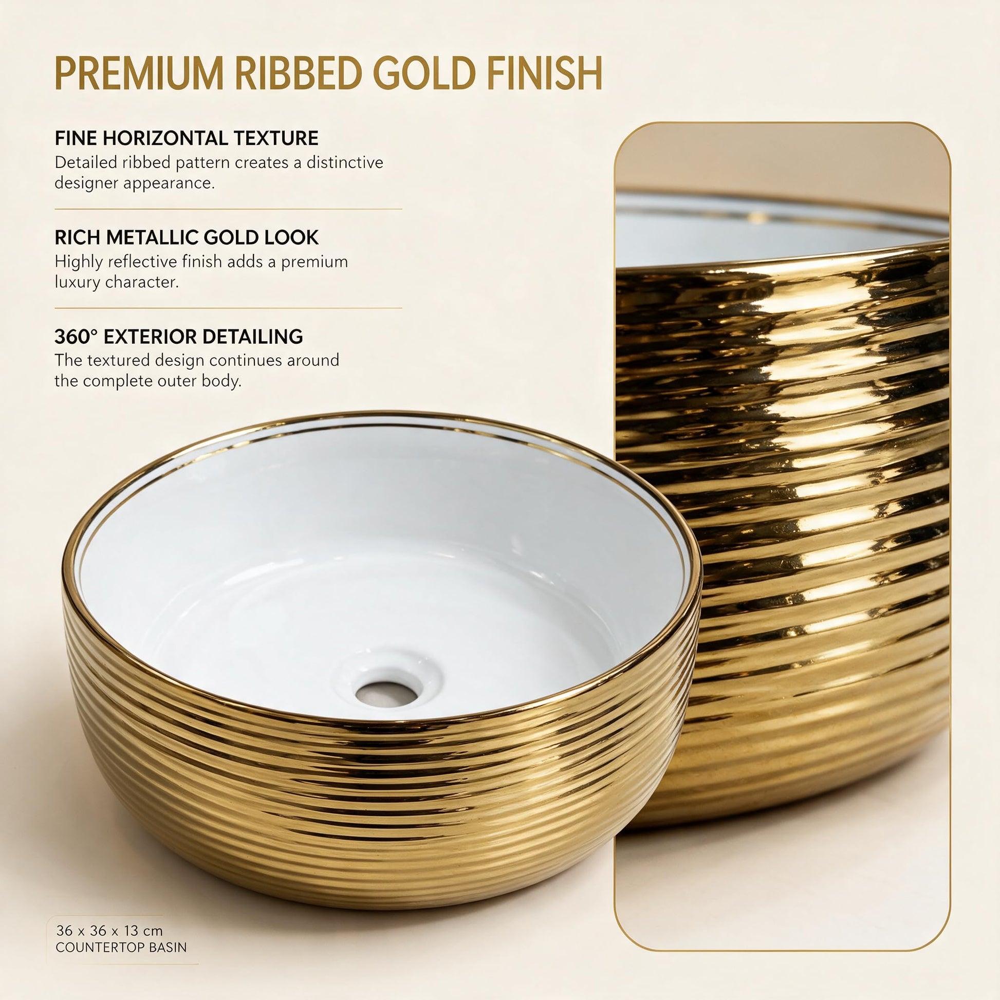 White and Gold Round Ceramic vessel bathroom sink, additional product view 5