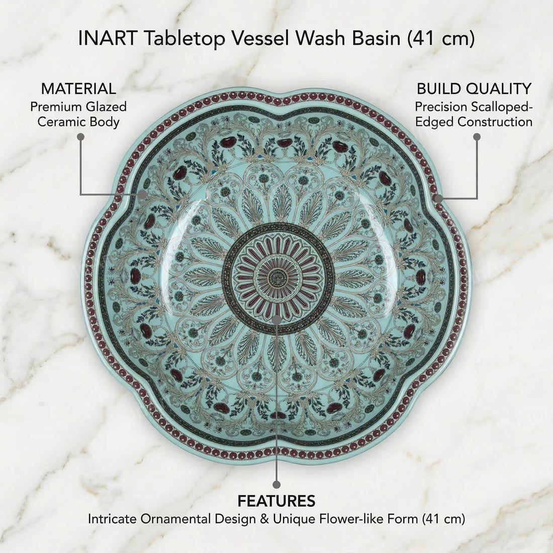 InArt Vessel Sinks for Bathroom 16" – Ceramic, Glossy Aqua Pattern, Scalloped Rim