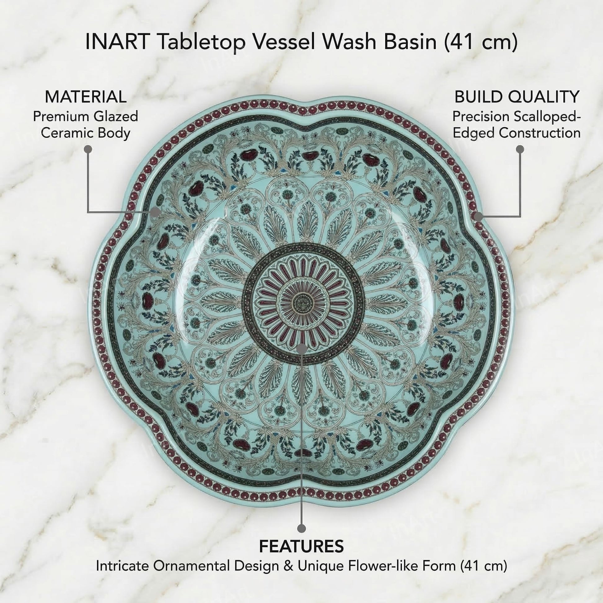 InArt Vessel Sinks for Bathroom 16" – Ceramic, Glossy Aqua Pattern, Scalloped Rim, additional product view 2