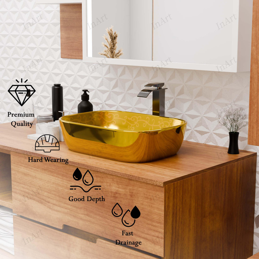 Gold Rectangular Ceramic vessel bathroom sink