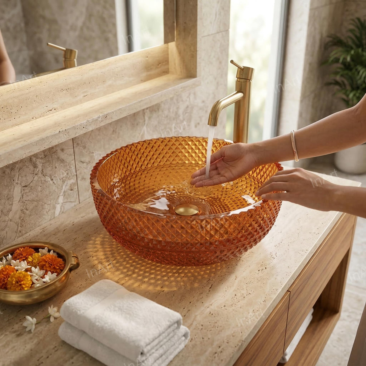 InArt Amber Orange Glass Vessel Sink for Countertop Bathrooms, 13.4 Inch, additional product view 4