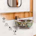 Top view of round ceramic vessel sink, vibrant multicolor design for vanity countertops for bathroom