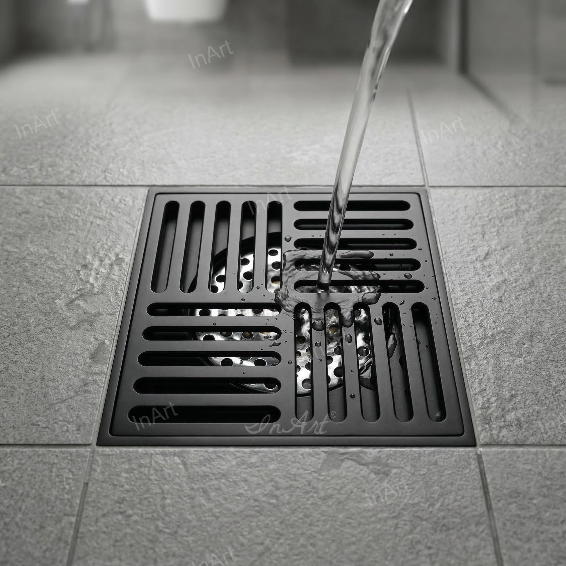 InArt Matte Black 12 x 4 Inch Brass Floor Drain with Removable Strainer, additional product view 4