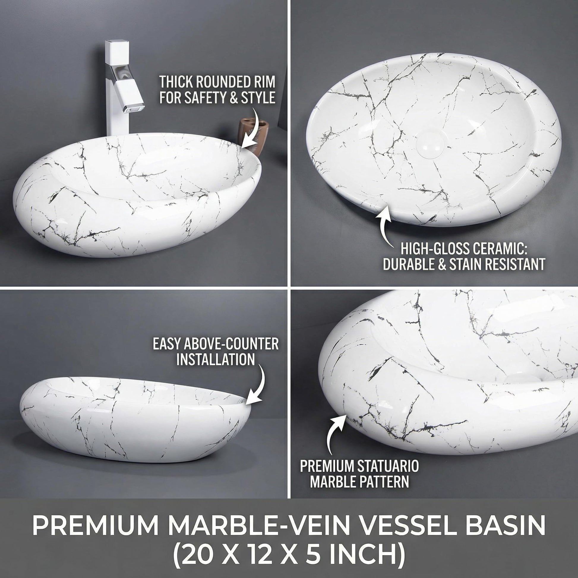Vessel bathroom sinks side profile, InArt rectangular ceramic countertop basin 20x12 Satvario marble pattern