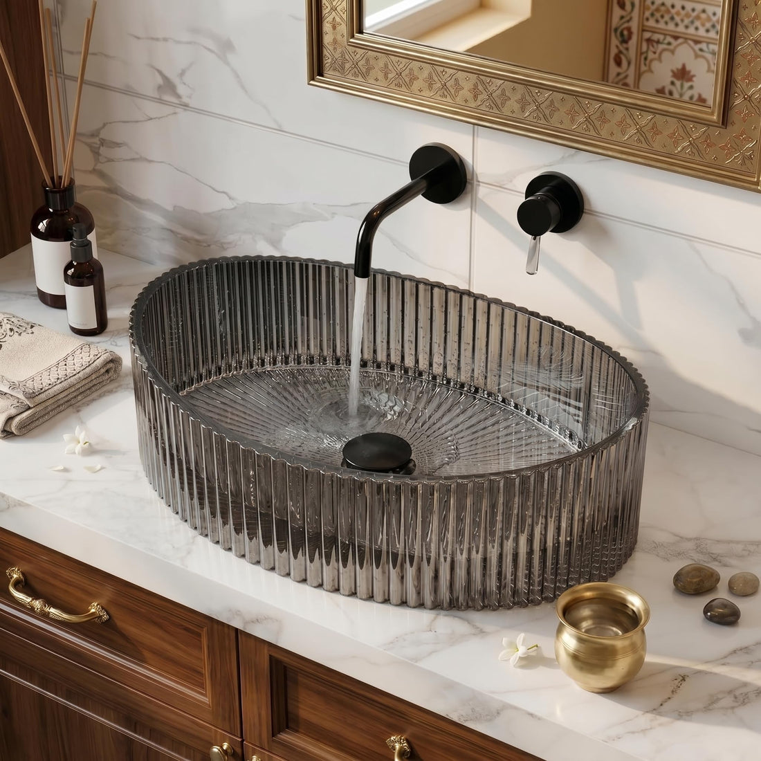 InArt Smoked Tempered Glass Oval Vessel Sink – Ribbed Texture, 19.7"x14.6"