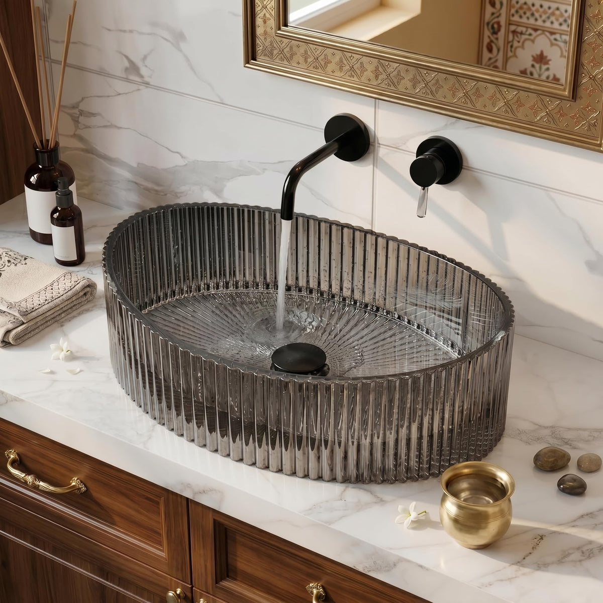 InArt Smoked Tempered Glass Oval Vessel Sink – Ribbed Texture, 19.7"x14.6"