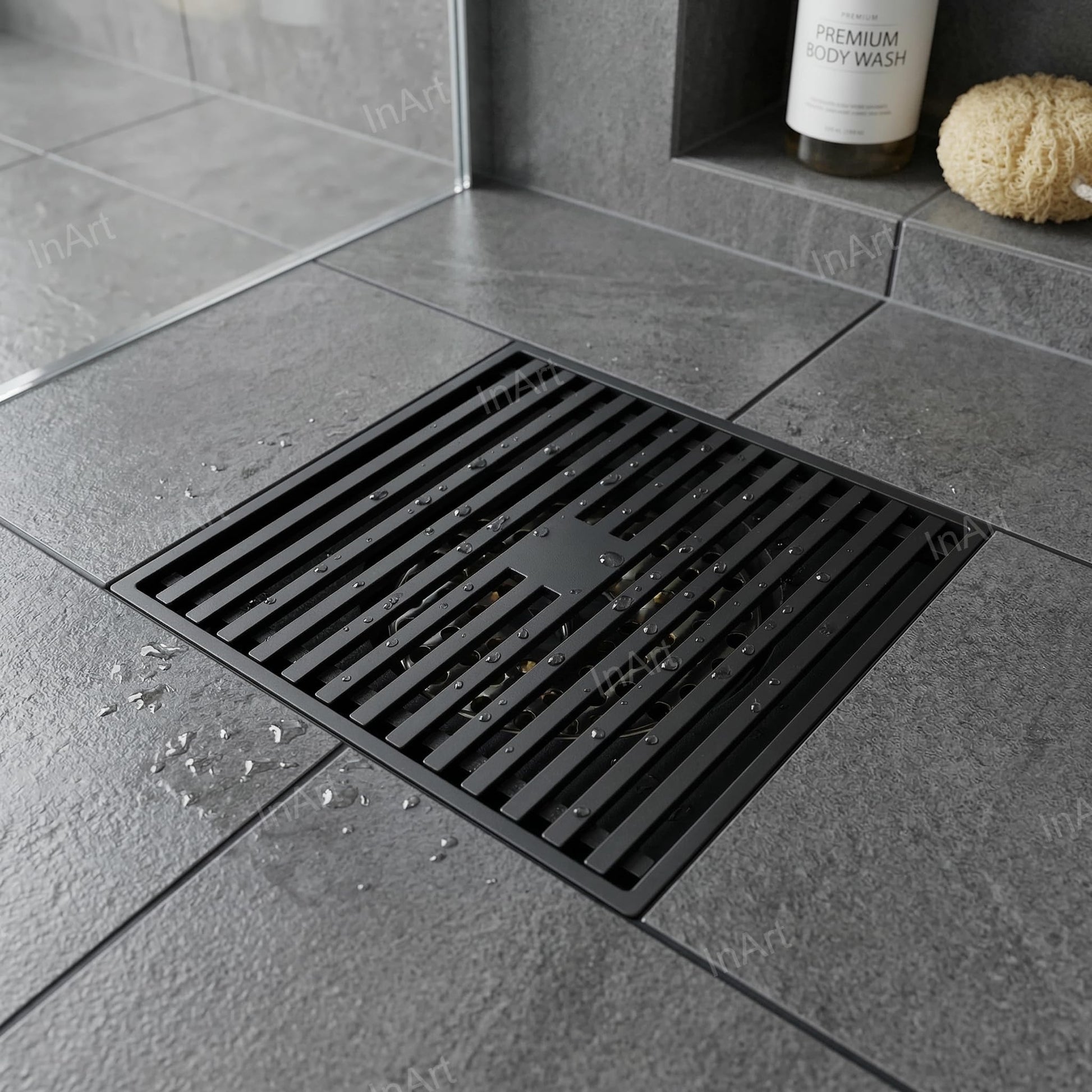 InArt Matte Black Linear Brass Shower Drain Channel with Side Outlet, 12 x 4 Inch, additional product view 4