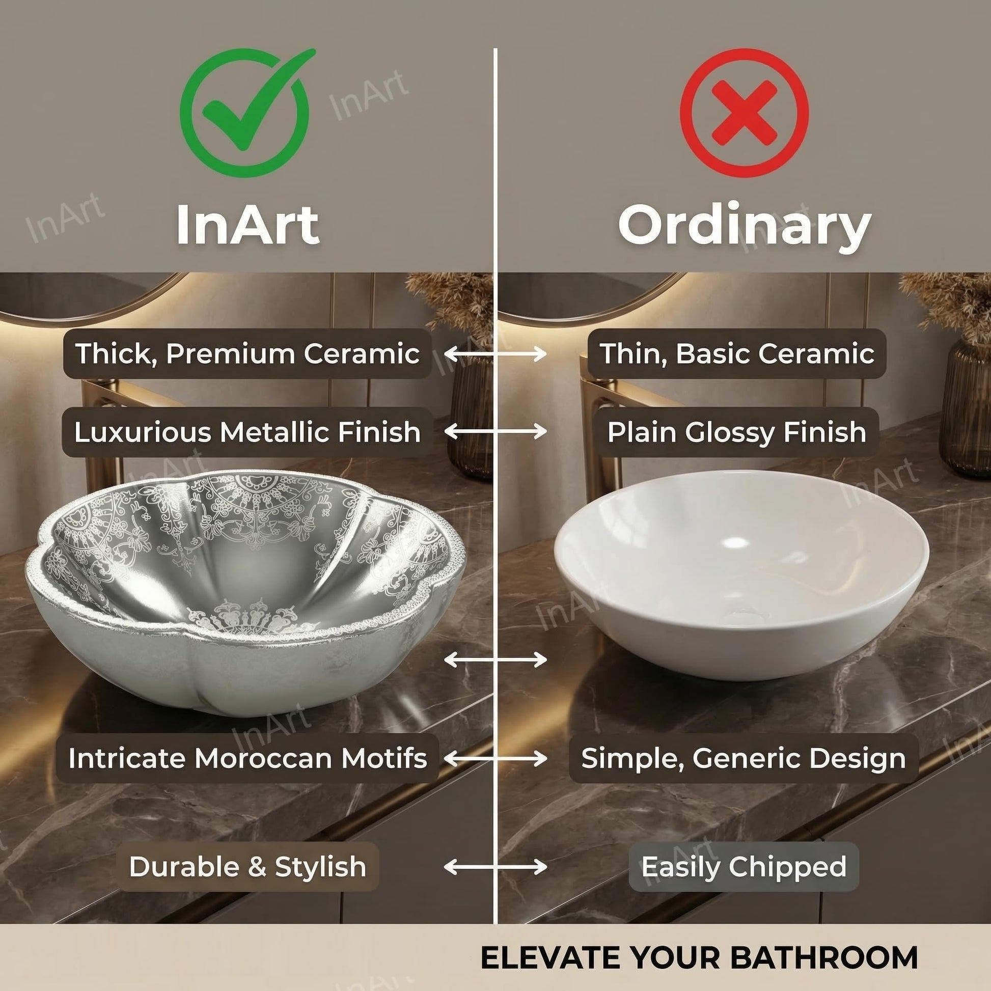 InArt Silver Ceramic Round Vessel Sinks – Moroccan Pattern, 16.5" Above-Counter, additional product view 7