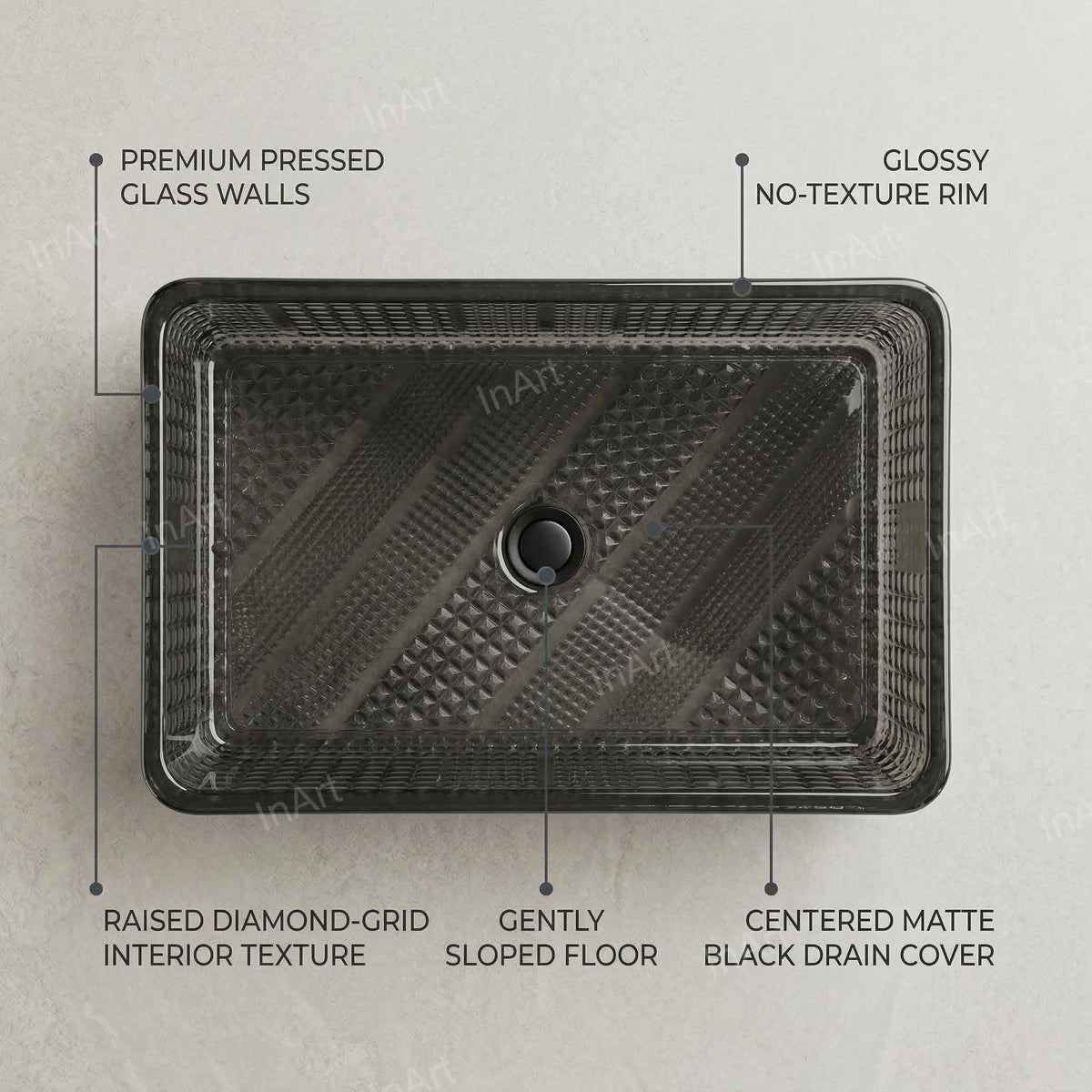 InArt Smoked Black Tempered Glass Rectangular Vessel Sink – Textured Design, 18.11"x12.99", additional product view 2