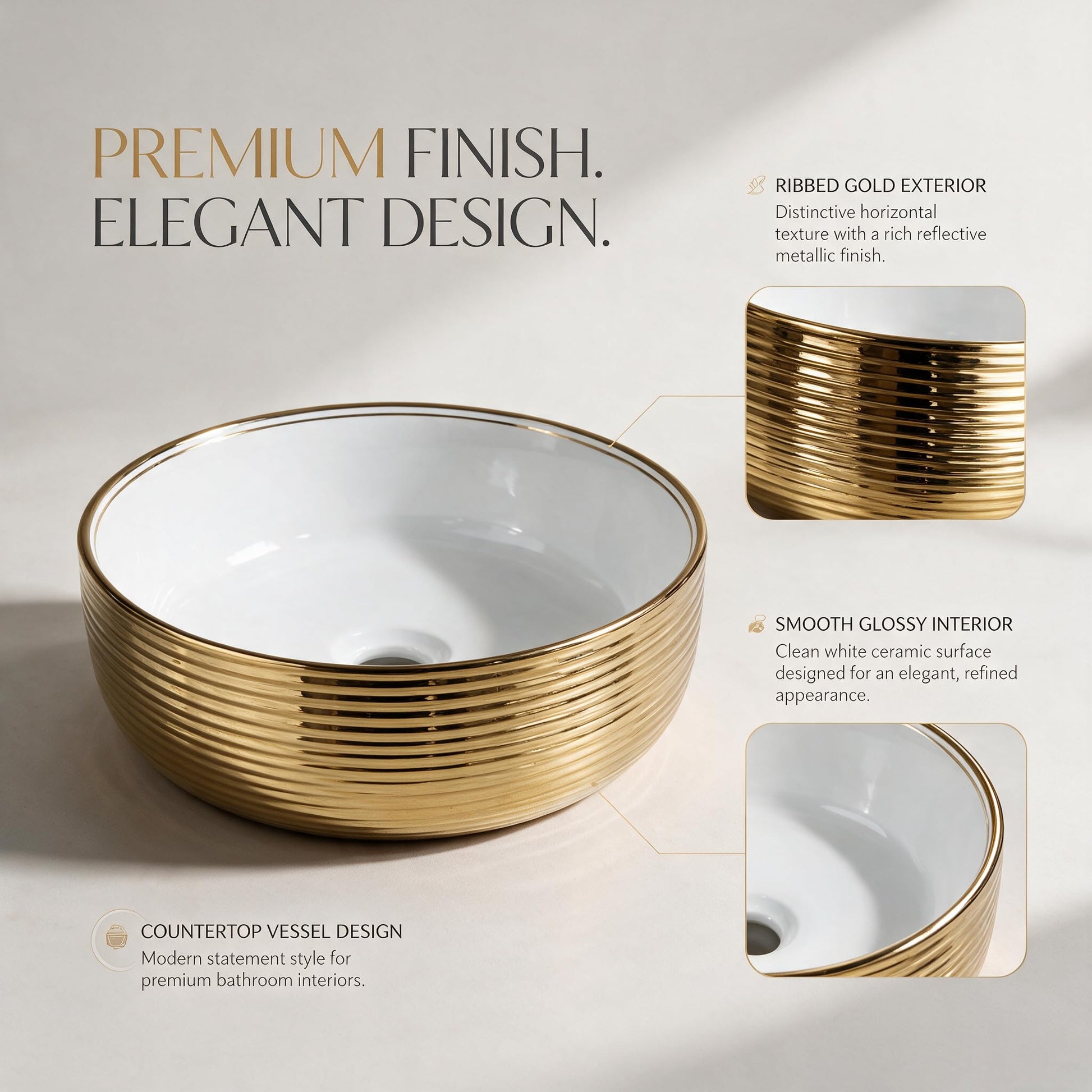 White and Gold Round Ceramic vessel bathroom sink, additional product view 7